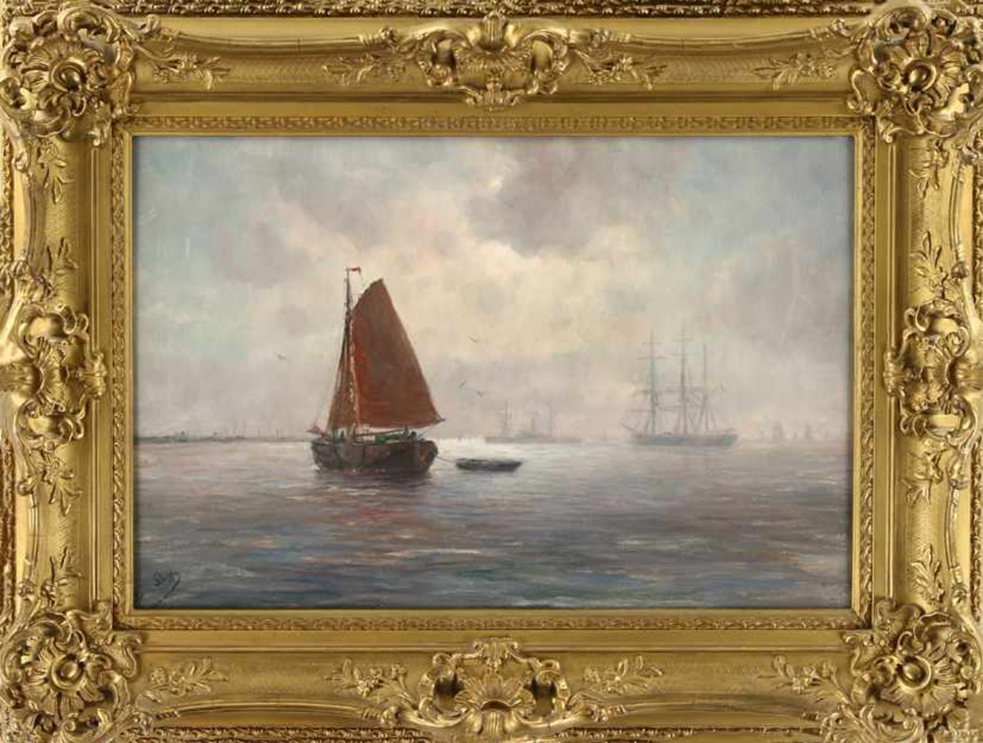 Romain Steppe (1859-1927), schepen op de Schelde in de namiddag, olieverf op doek, gesigneerd - 40 x