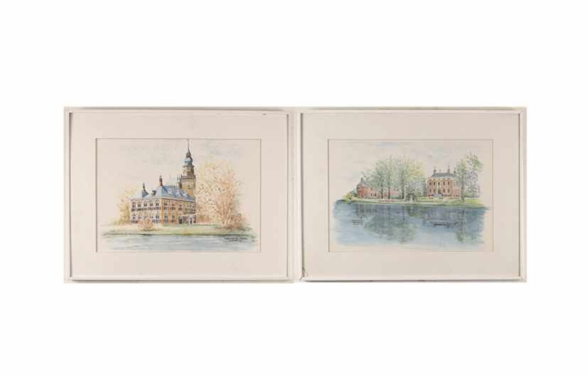Hollandse School: paar aquarellen: kasteel Nijenrode te Breukelen en Goudestein te Maarssen,