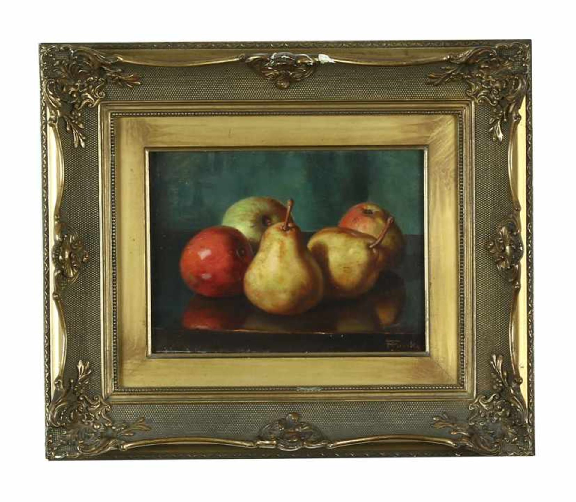 Anton Funke (1869-1955), stilleven met appels en peren, olieverf op paneel, gesigneerd - 19 x 25