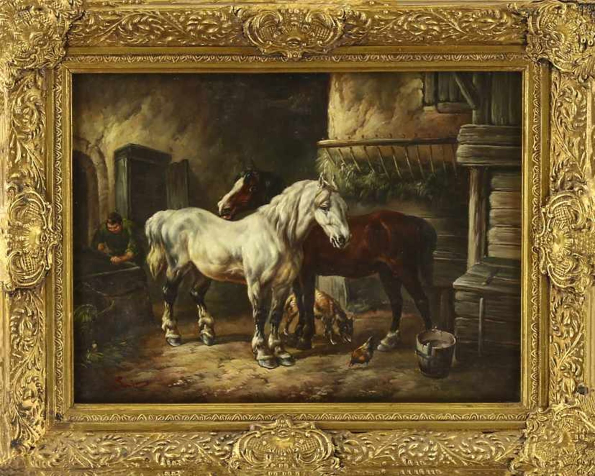 Onbekend, twee paarden bij een stal, olieverf op paneel, onduidelijk gesigneerd - 30 x 40 cm -