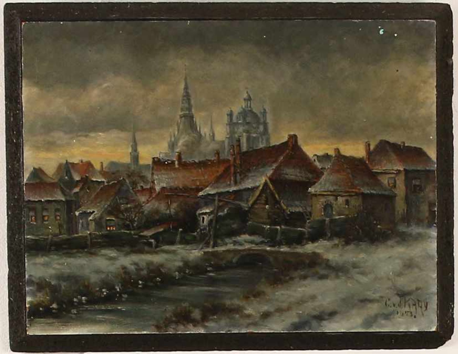 Cornelis Kaaij (1905-1996), wintergezicht op Den Bosch met de St. Jan op de achtergrond, olieverf op