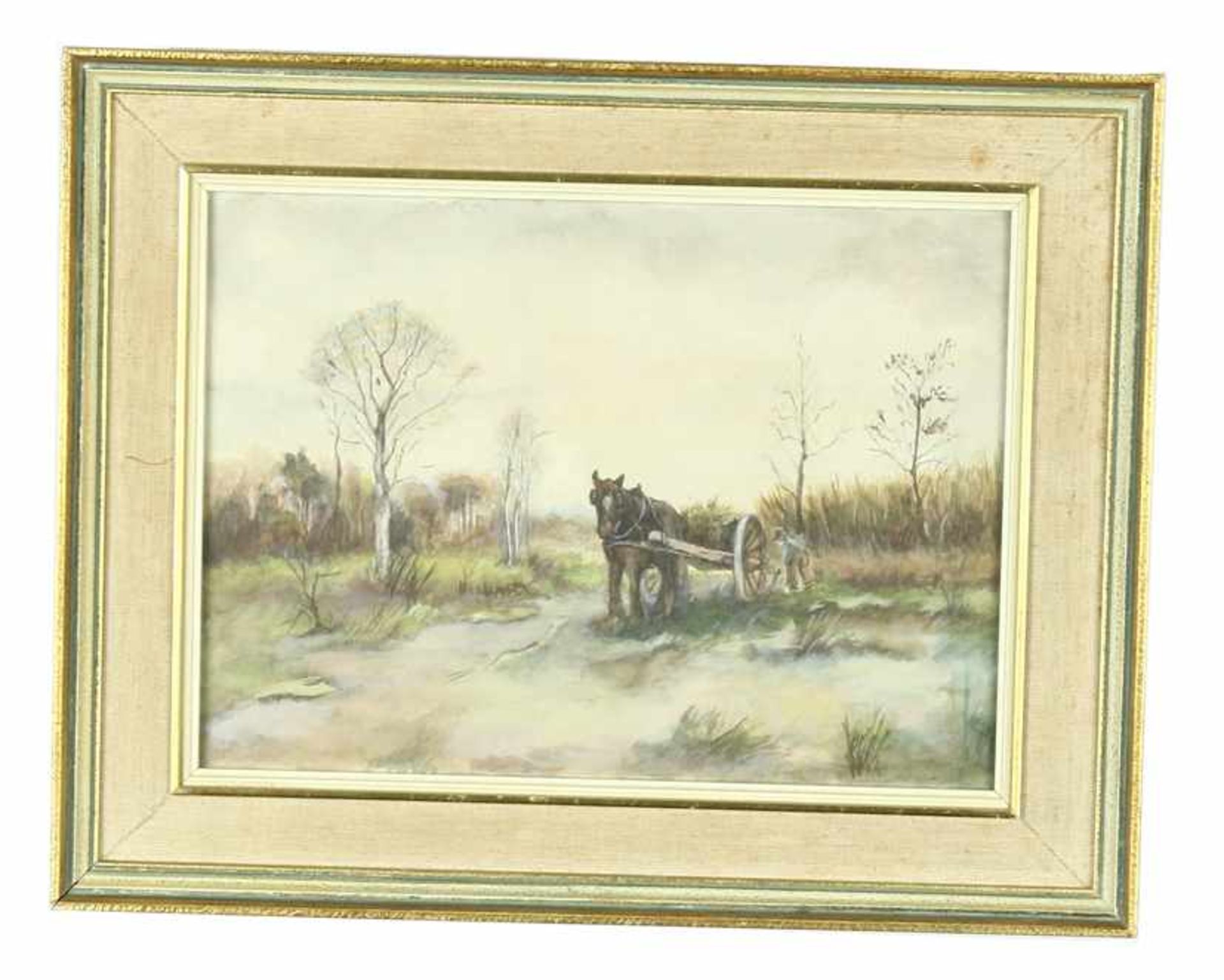 Hollandse School: bosarbeider met paard en wagen, aquarel, onduidelijk gesigneerd, 1960 -17,5 x 24,8