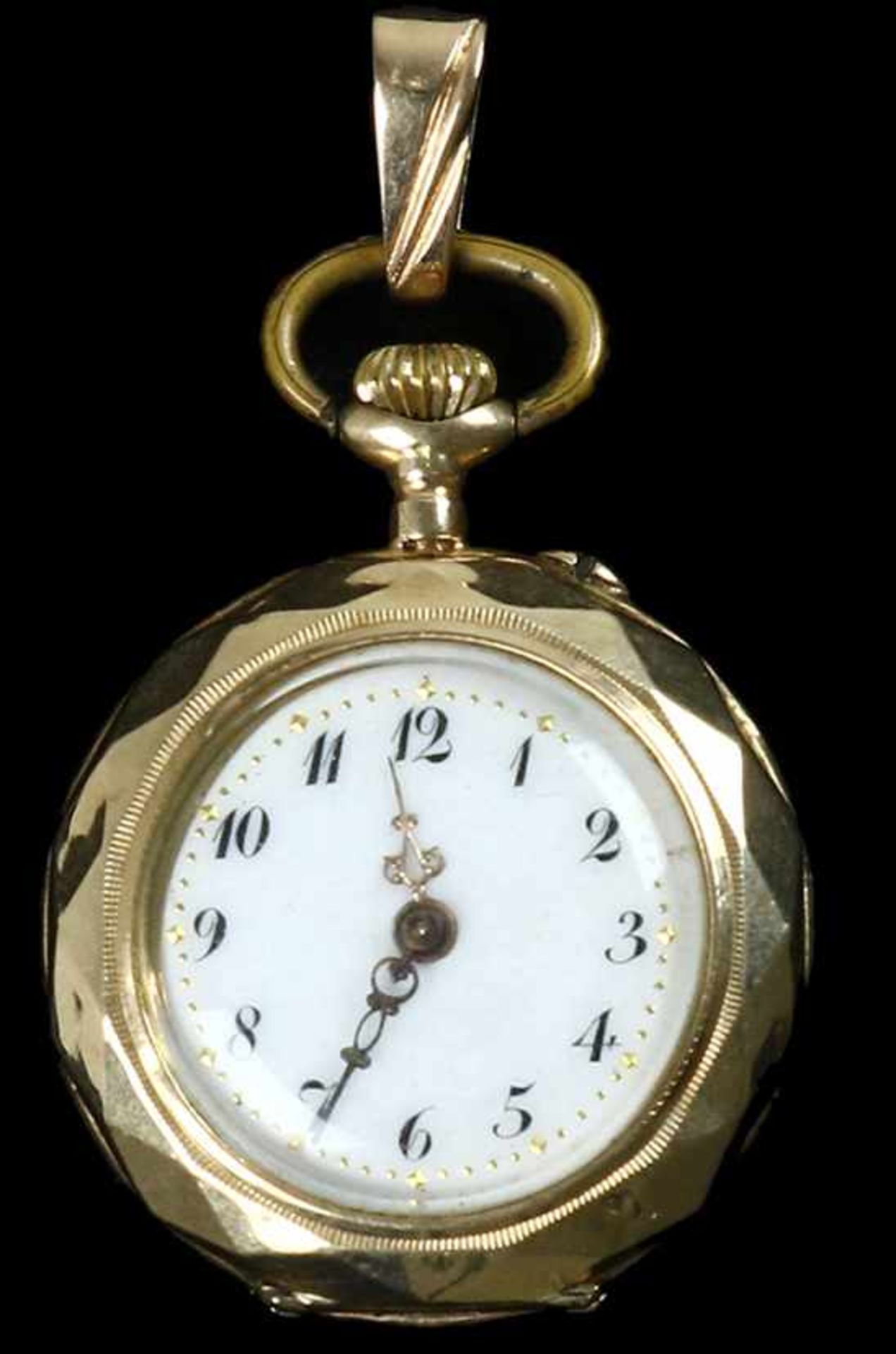 14k rose gold ladies pocket watch, with white enamel dial and engraved back - 26 mm