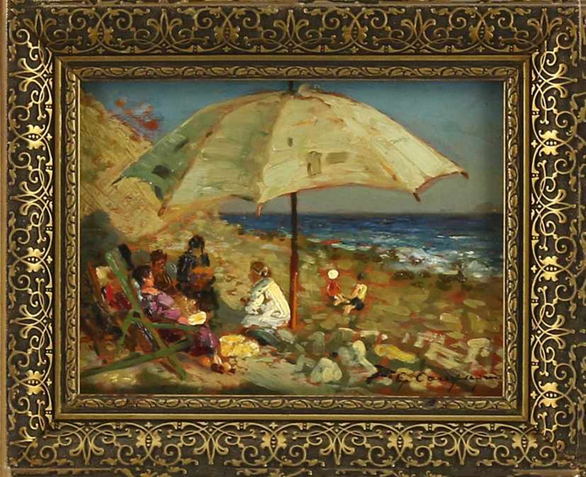 Franse School: figuren op het strand, olieverf op paneel, onduidelijk gesigneerd - 17 x 22 cm -