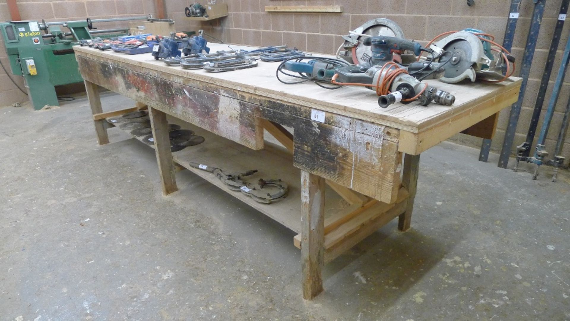 1 wooden work bench, approx 3.45m x 89cm – NO vice fitted