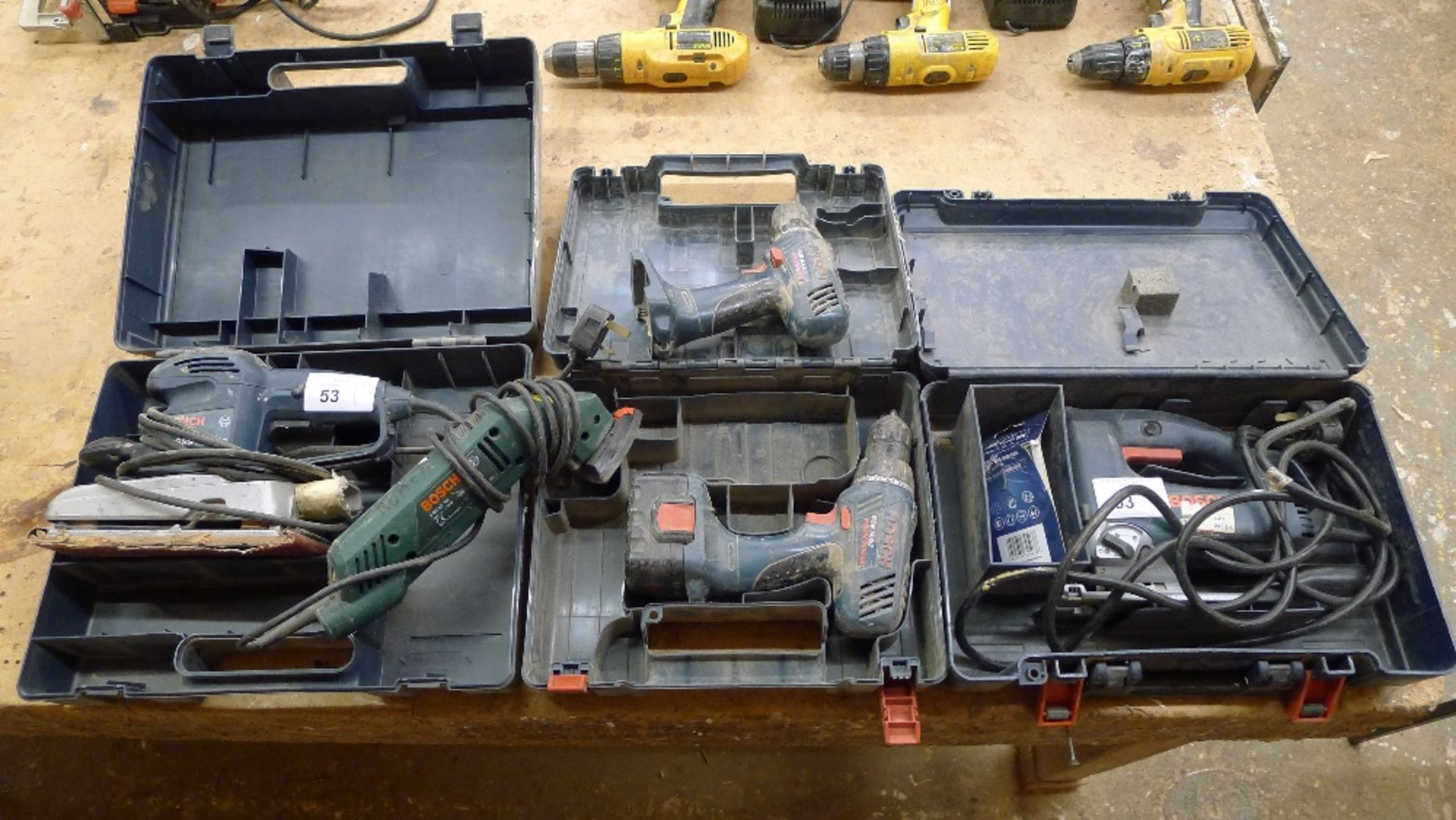 5 various Bosch tools comprising 1 x sander, 1 x detail sander, 1 x jigsaw and 2 cordless drills