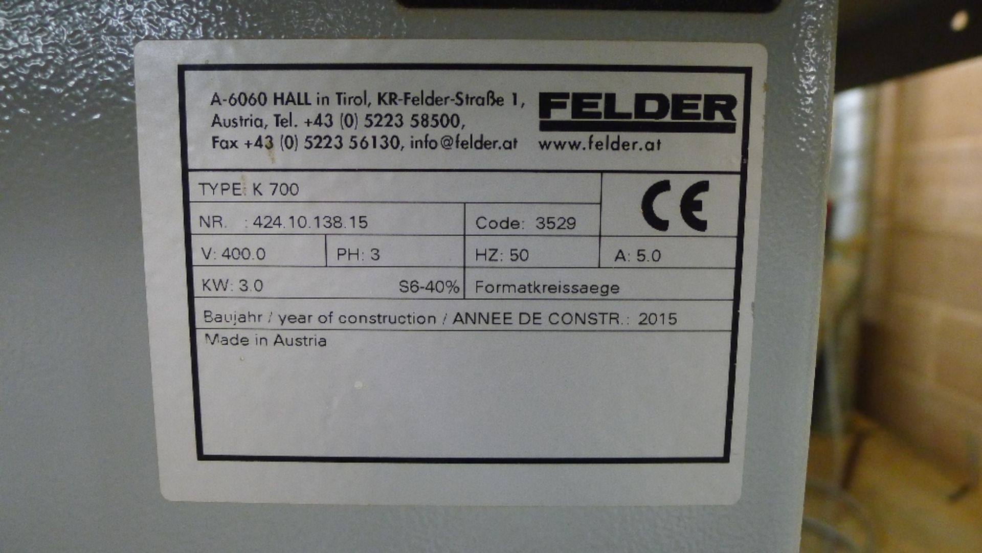 1 sliding panel table saw by Felder type K-700, YOM 2015, 3ph with 1 blade fitted, supplied with 9 - Image 4 of 10