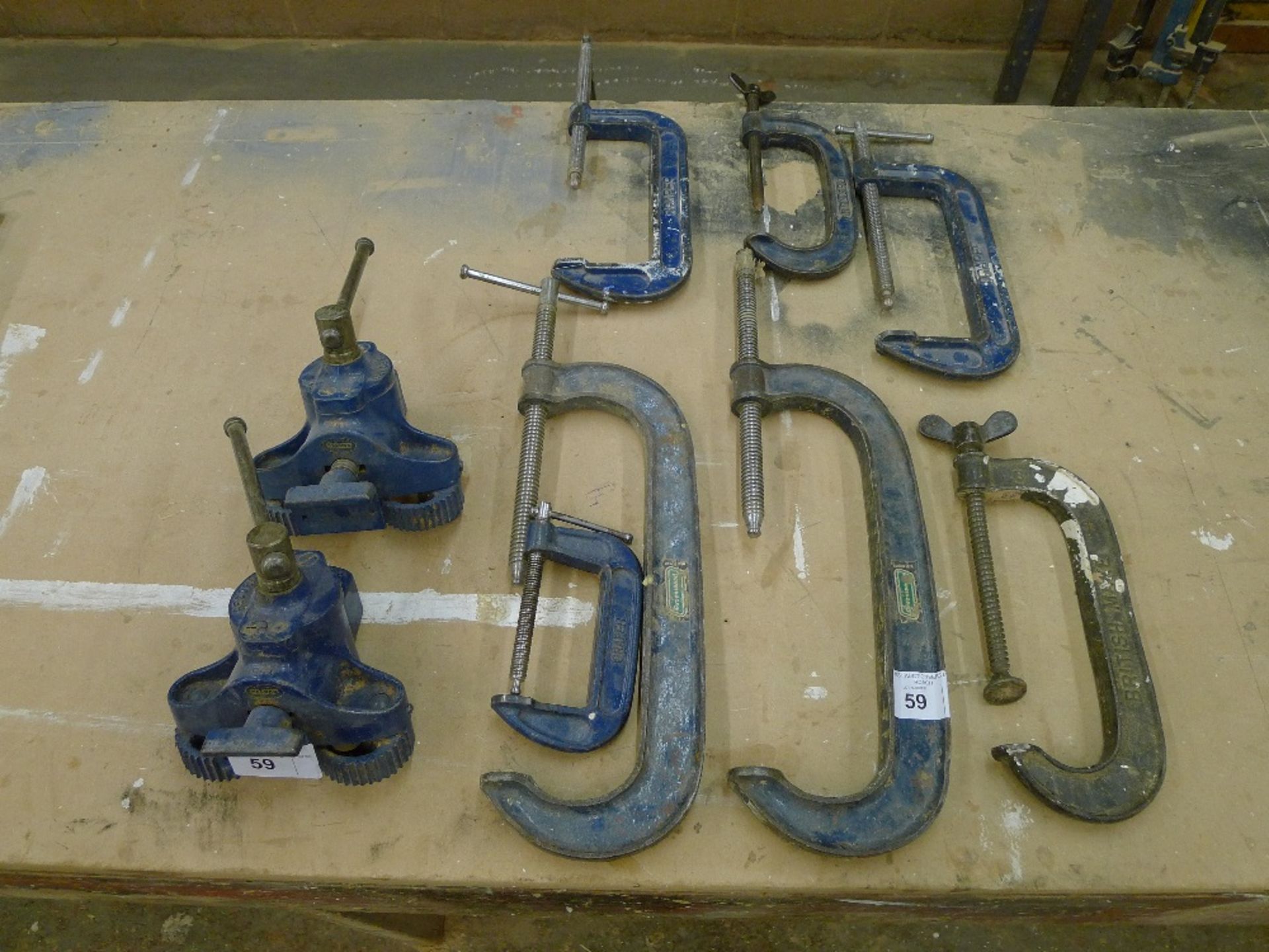 2 Record flooring clamps and 7 various G clamps