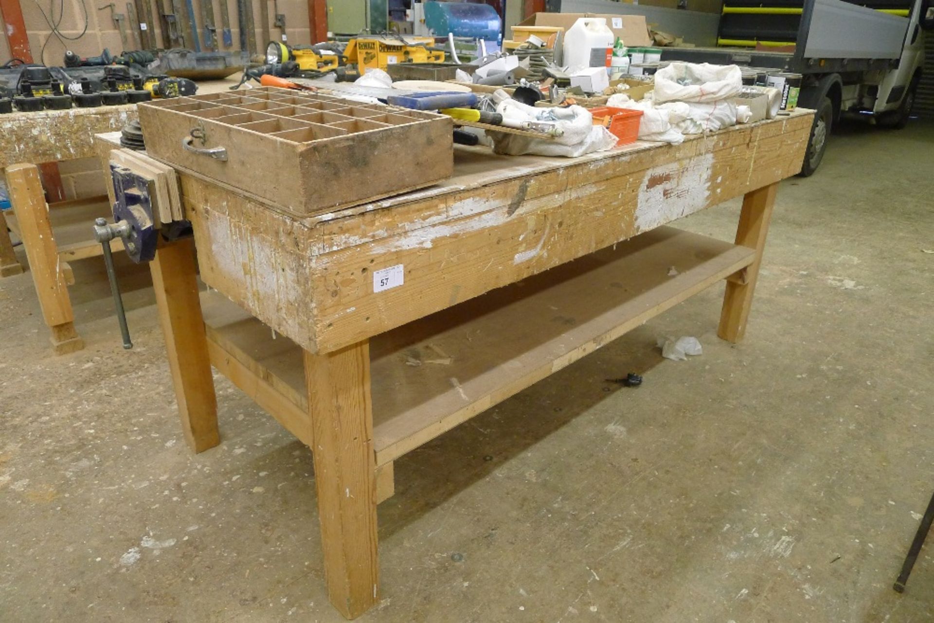 1 wooden work bench with a wood workers vice fitted, approx 2.14m x 1m