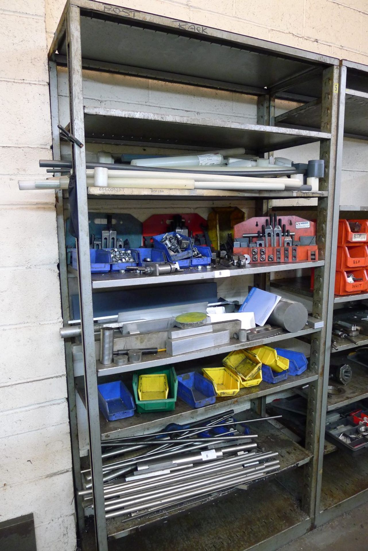 1 bay of boltless stores type racking containing a quantity of various items including clamping down