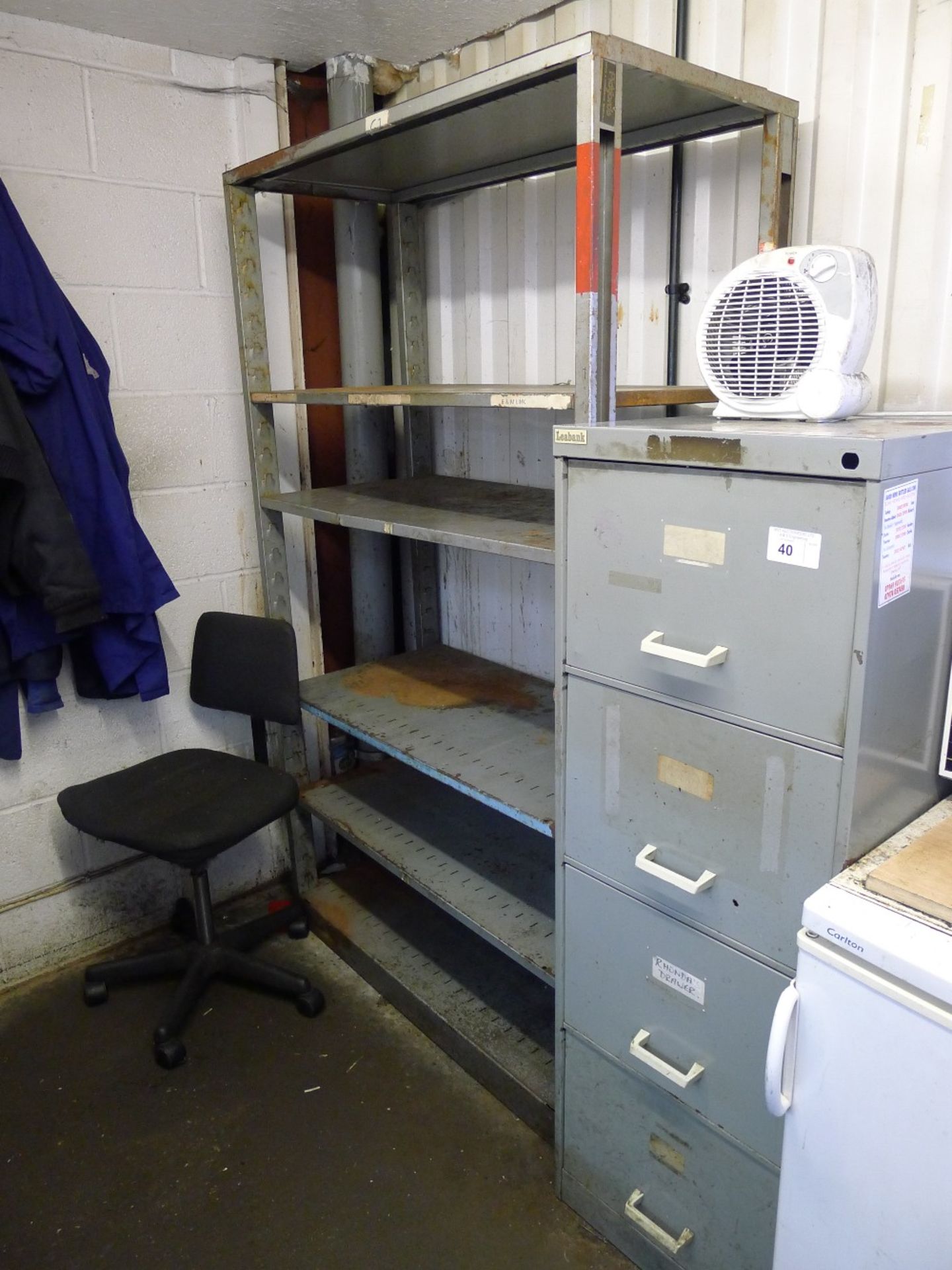 Various items in the front office including several desks, a boltless metal stores type rack, a - Image 2 of 3