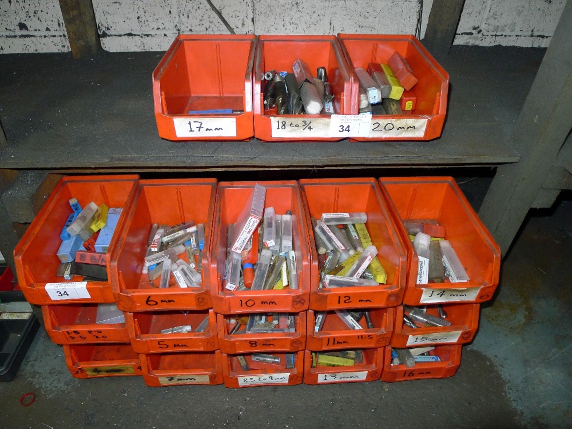 18 red plastic Lin type bins containing a quantity of 1.5mm to 20mm ball nose end mills / milling