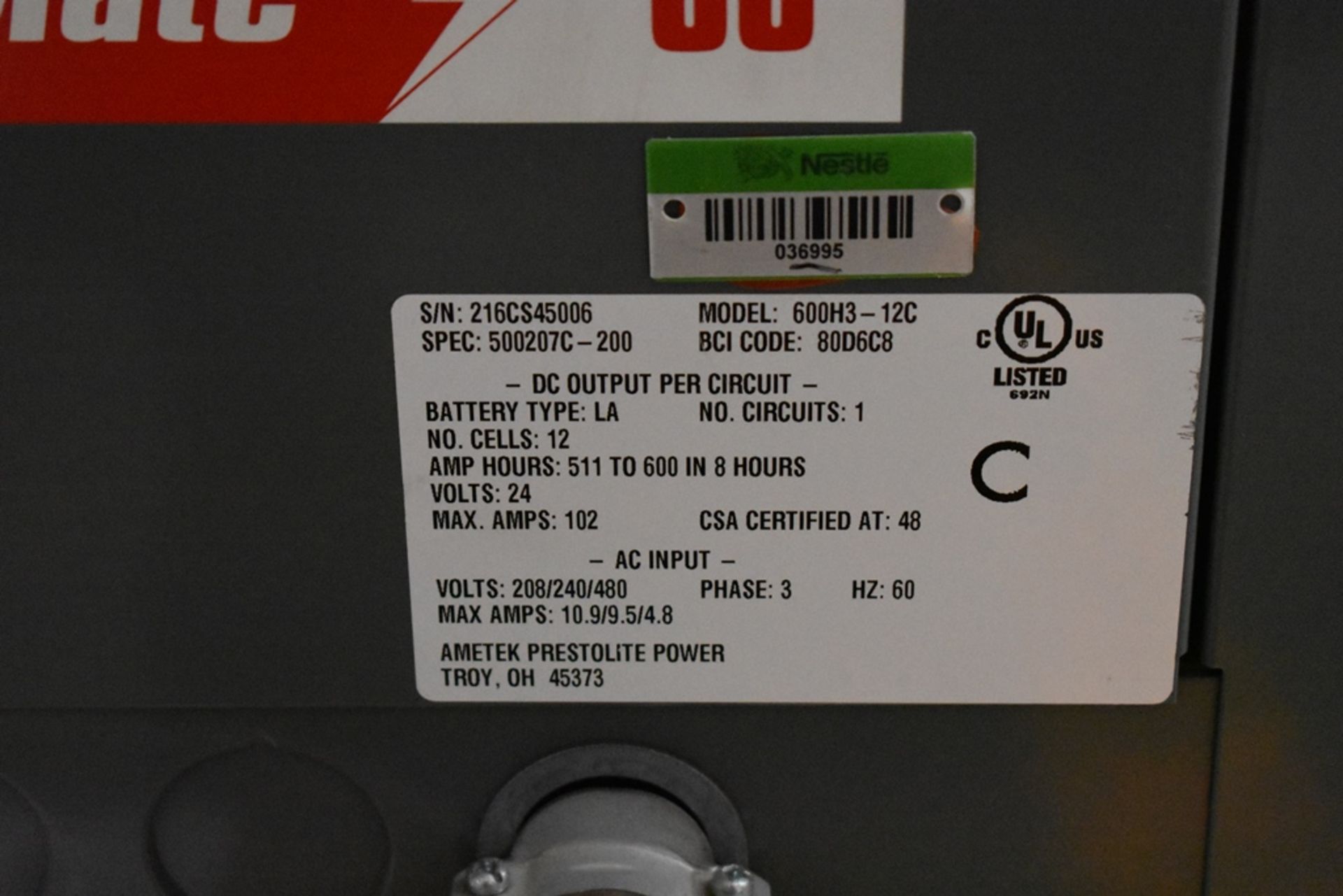Ametek Prestolite Power Forklift Battery Charger, Model Mate-80 and Battery Brand Deka for 24 volts - Image 11 of 20