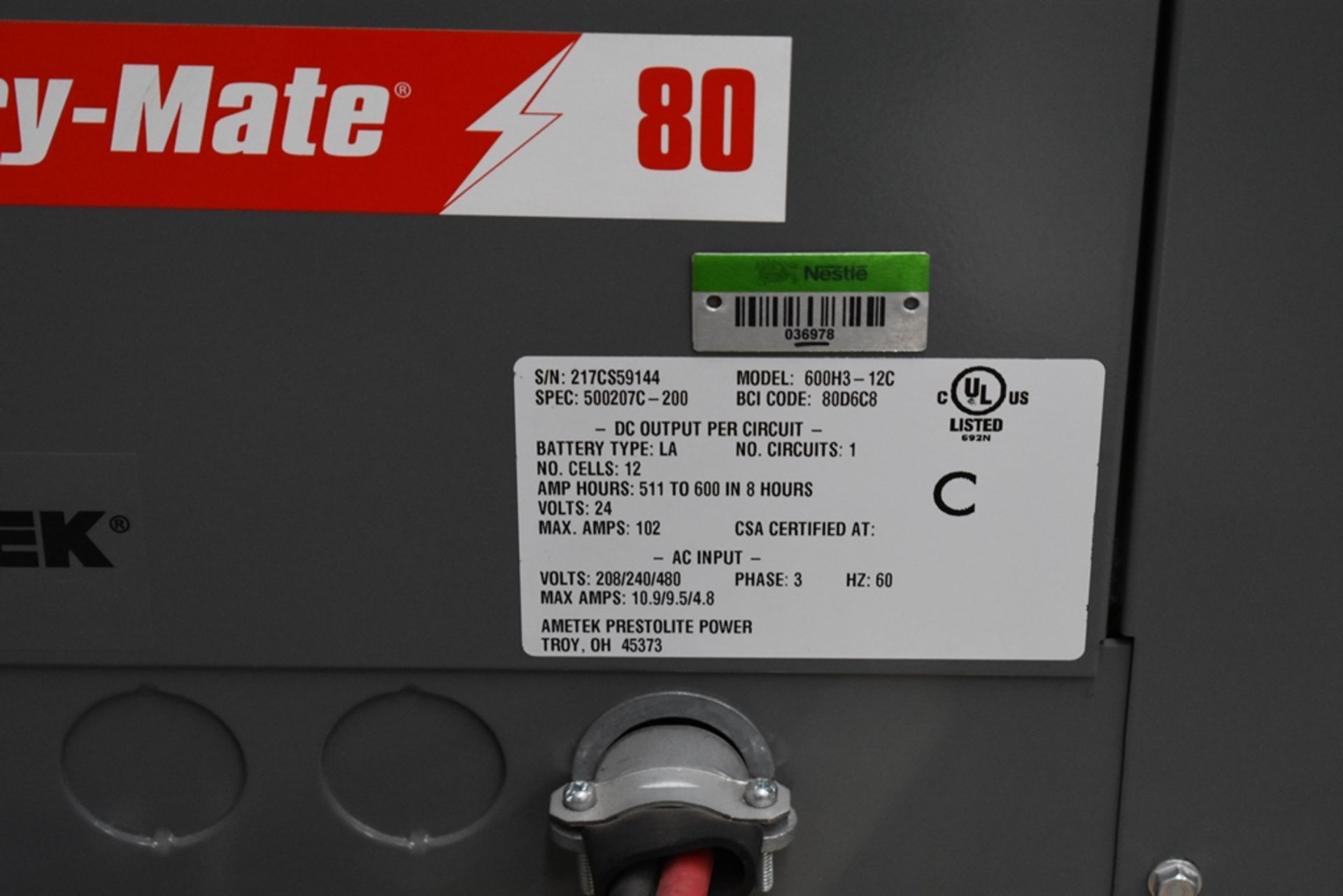 Ametek Prestolite Power Forklift Battery Charger, Model Mate-80 and Battery Brand Deka for 24 volts - Image 10 of 22