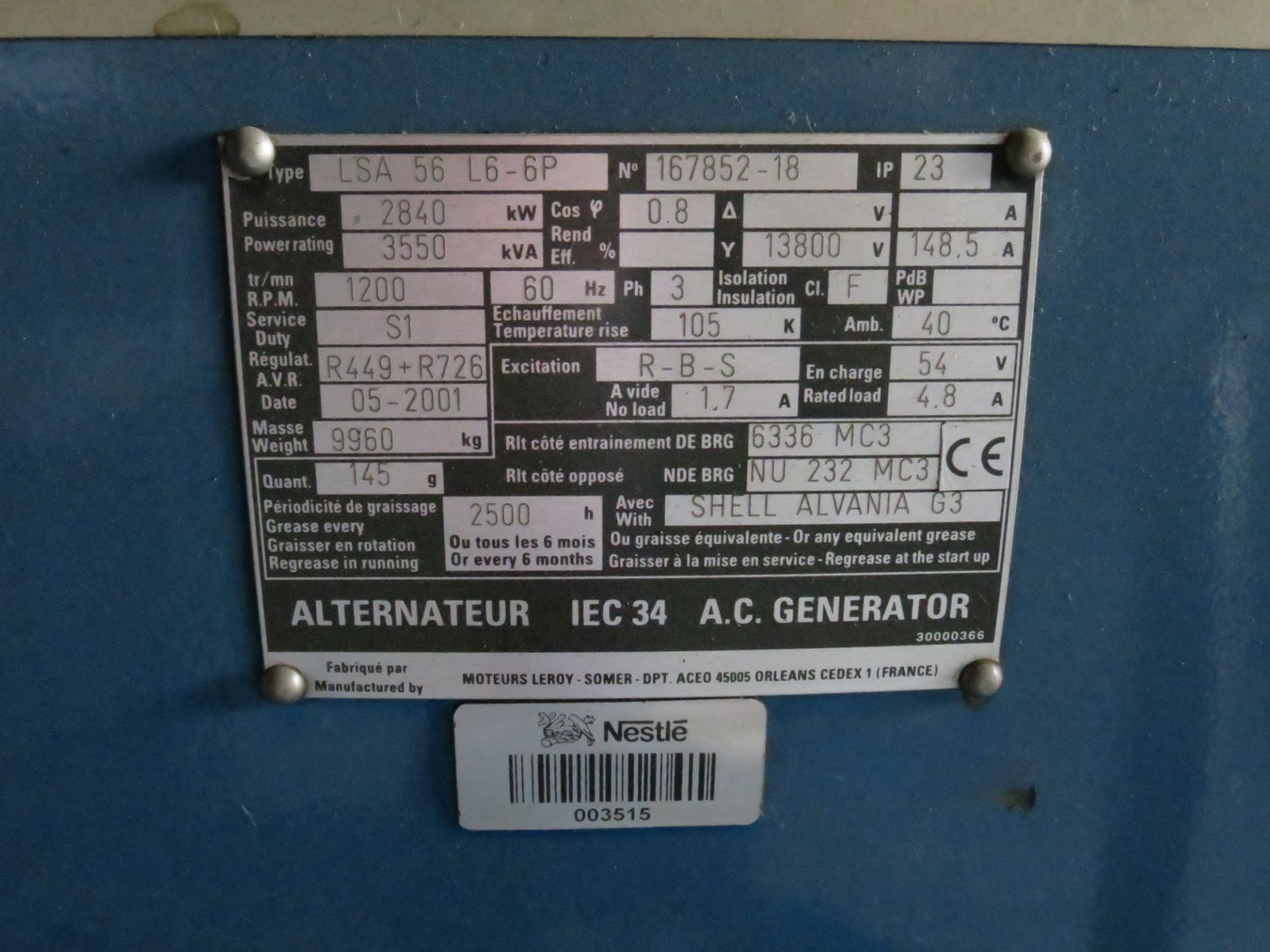 2001 Leroy Somer Emergency plant 18-cylinder Generator model LSA 56 L6-6P of 2840 KW/ 3550KVA - Image 25 of 73