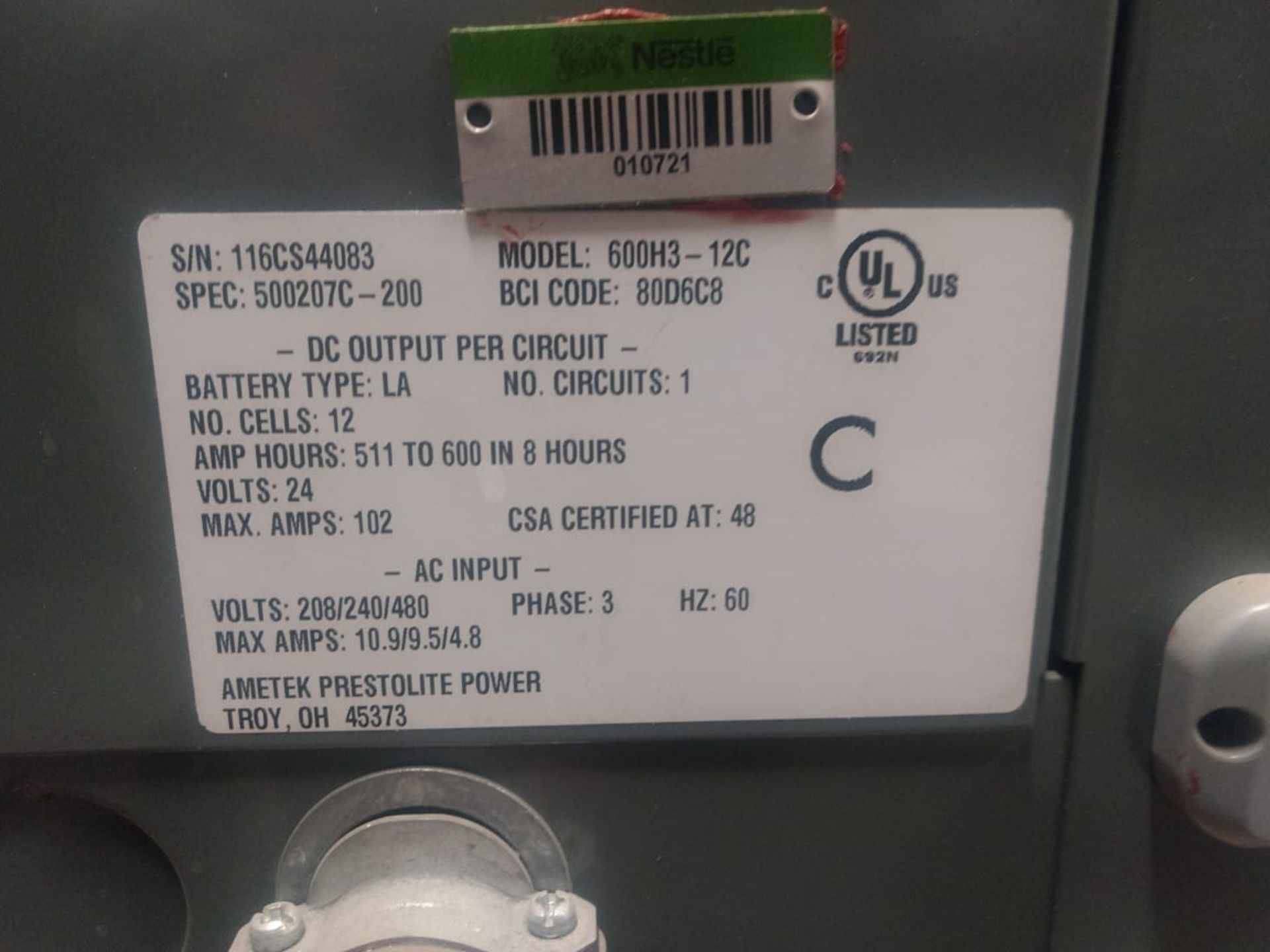 2 Ametek battery chargers, model 6083-12C, input 208/240/480 V, output 24V. - Image 11 of 12