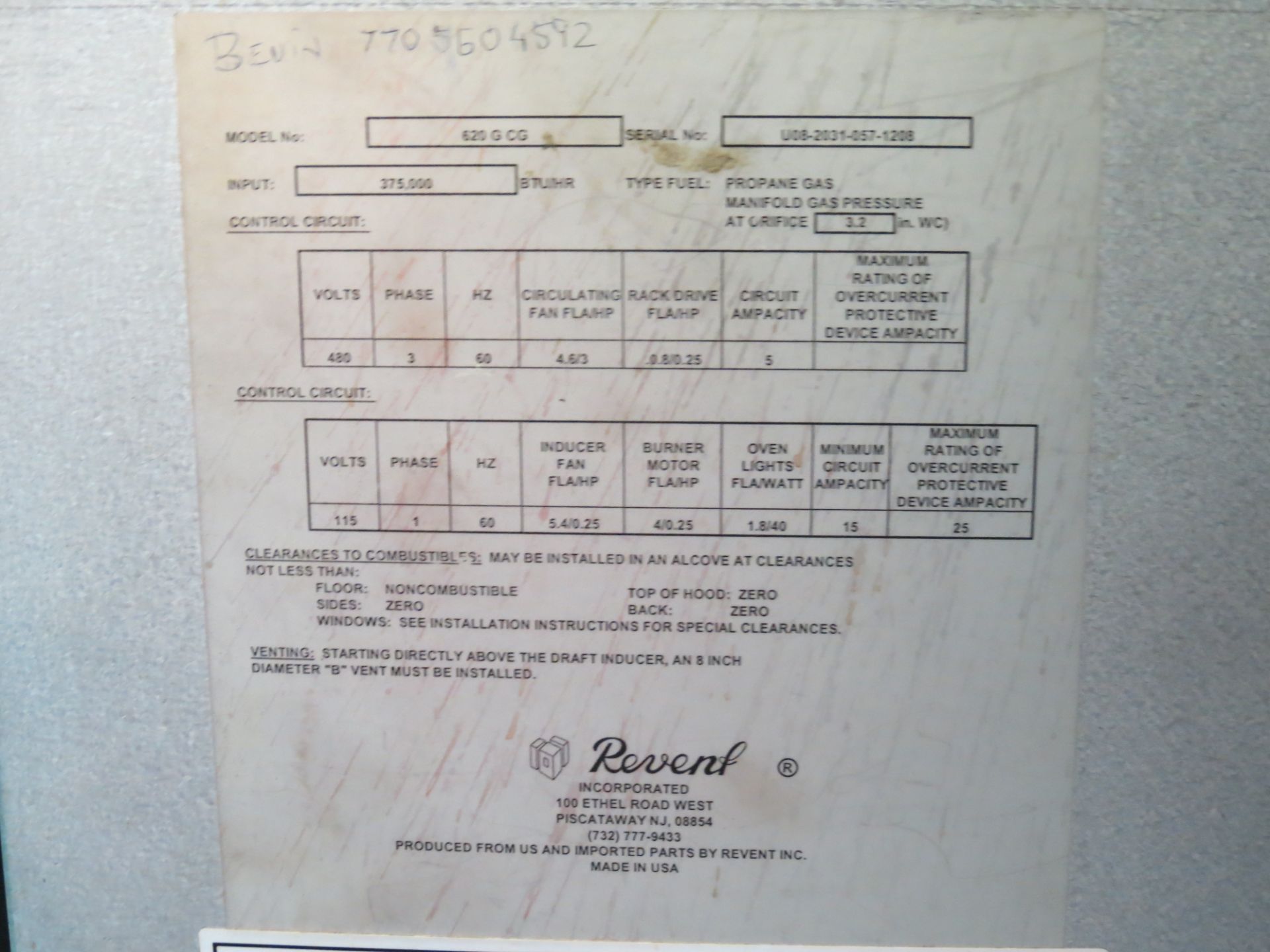 Revent Rotary Propane Gas Oven, Model 620G-CG, Serial number U08-2031-057-1208 - Image 18 of 27