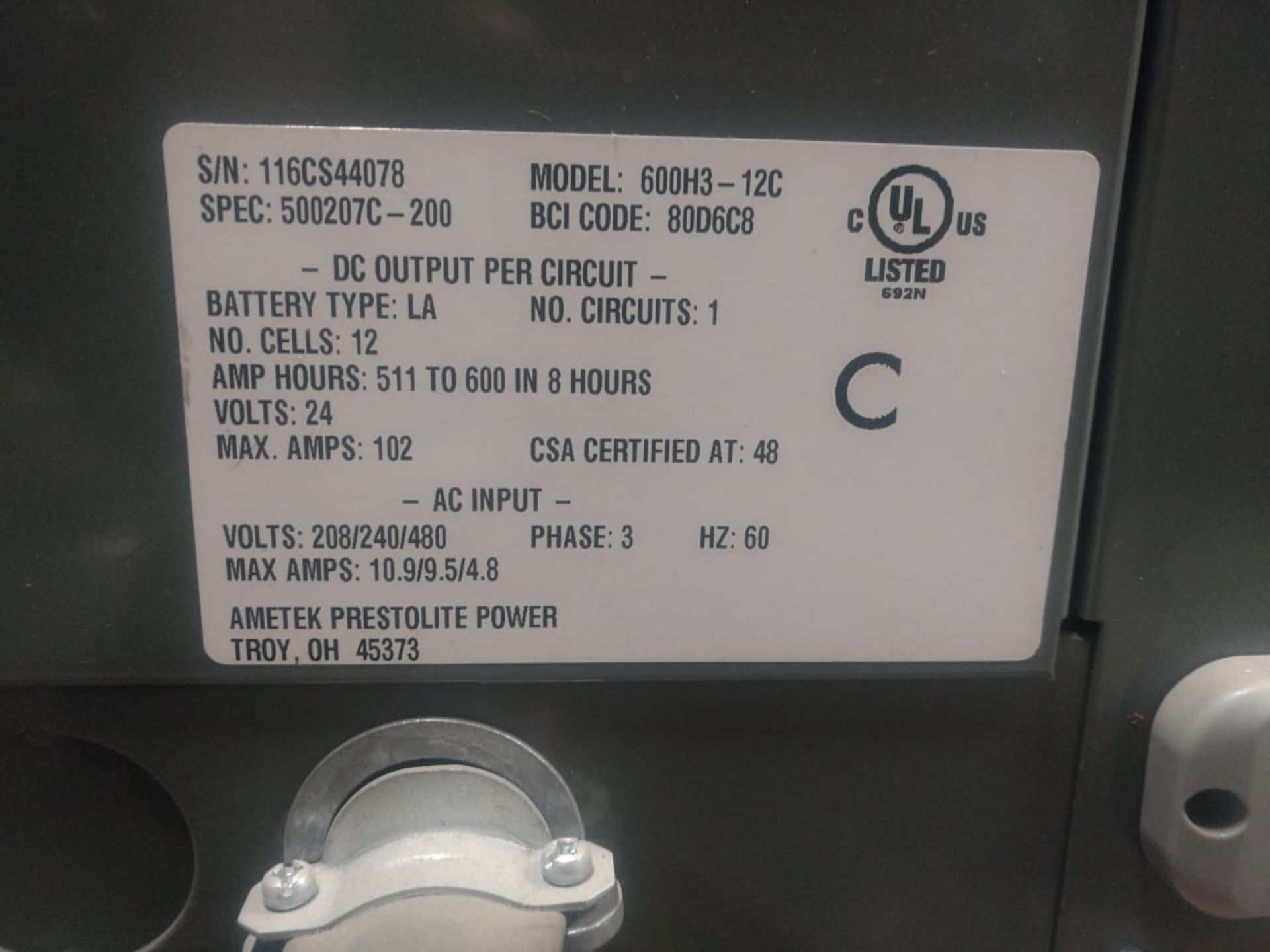 2 Ametek battery chargers, model 6083-12C, input 208/240/480 V, output 24V. - Image 12 of 12