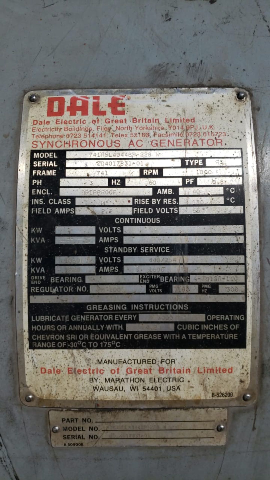 Dale Electric Emergency plant, model 741RSL4D44BR-22B W, serial number 2D4017B31-01 - Image 4 of 5