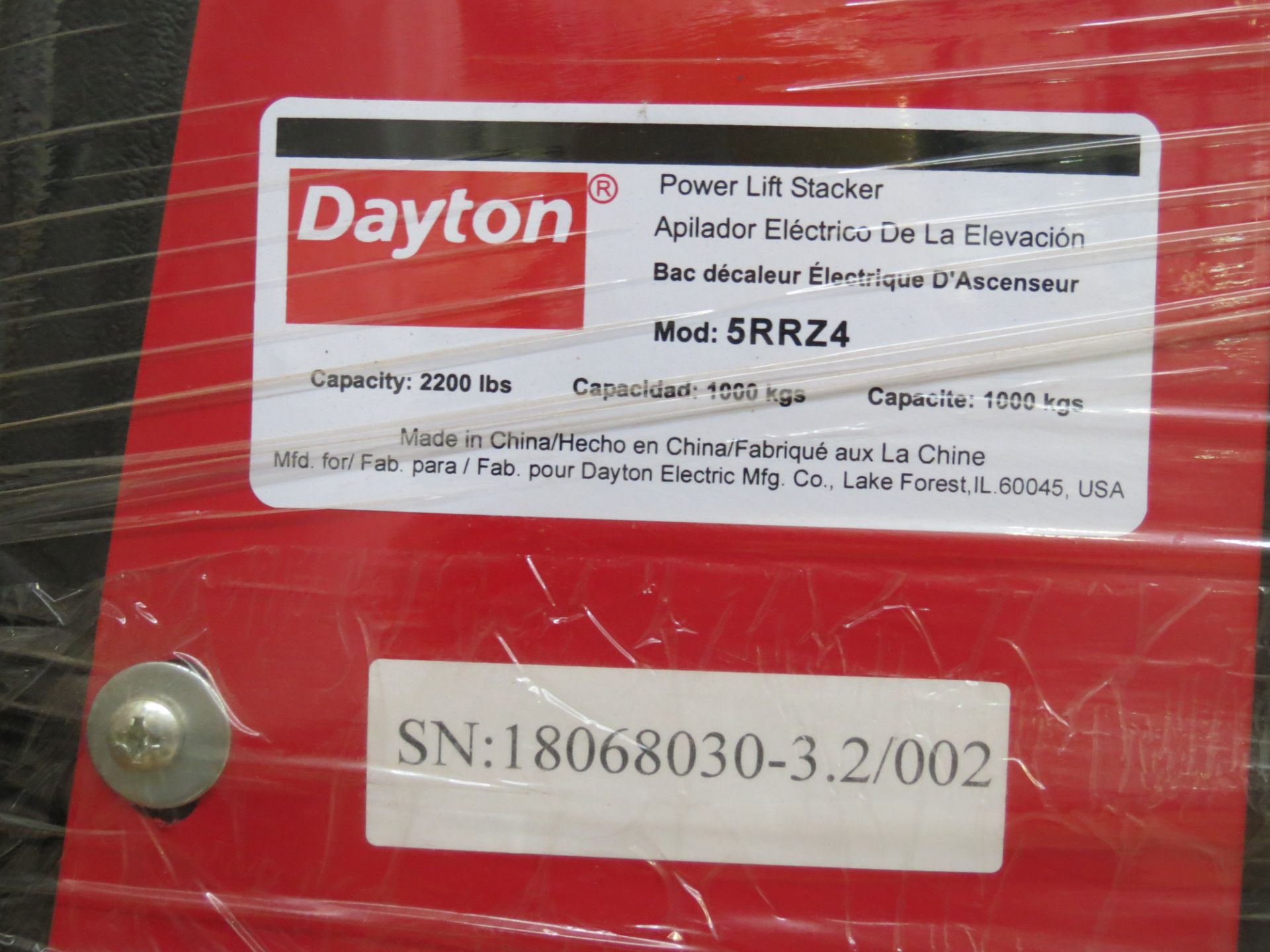 Dayton Pallet Lift / Stacker, Model 5RRZ4, S/N 18068030-3.2/002, 2,200 LB /1,000 KG Capacity - Image 5 of 5