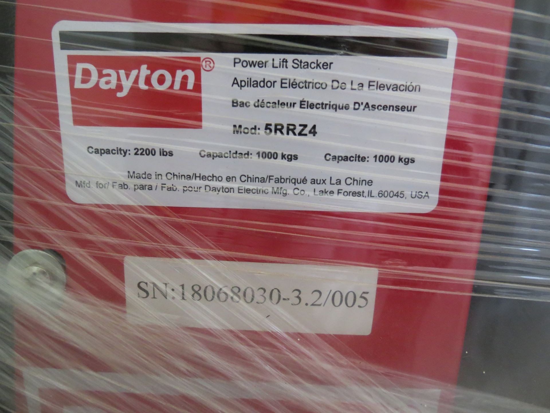 Dayton Pallet Lift / Stacker, Model 5RRZ4, S/N18068030-3.2/005, 2,200 LB / 1,000 KG Capacity - Image 6 of 7
