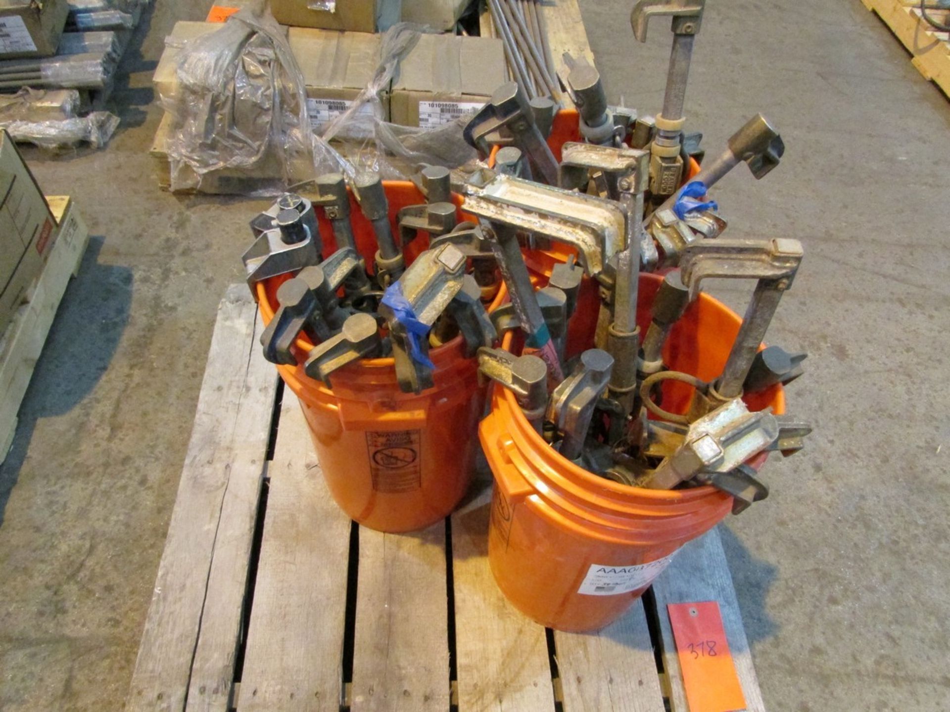 Pallet w/ 3 Pails of Safety Beamers, Pallet w/ Rebar & Pallet w/ Threaded Rod & Fasteners