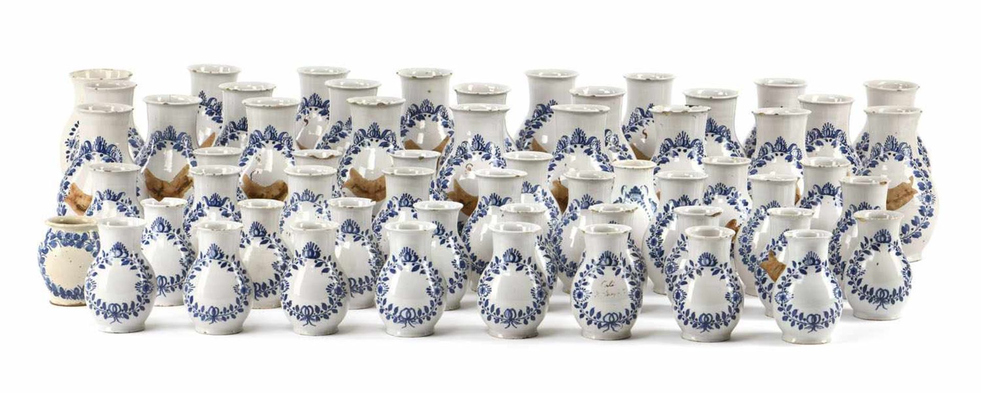 A COLLECTION OF 55 BLUE AND WHITE FAYENCE PHARMACY JARS, Nuremberg, middle of 18th century. Blue