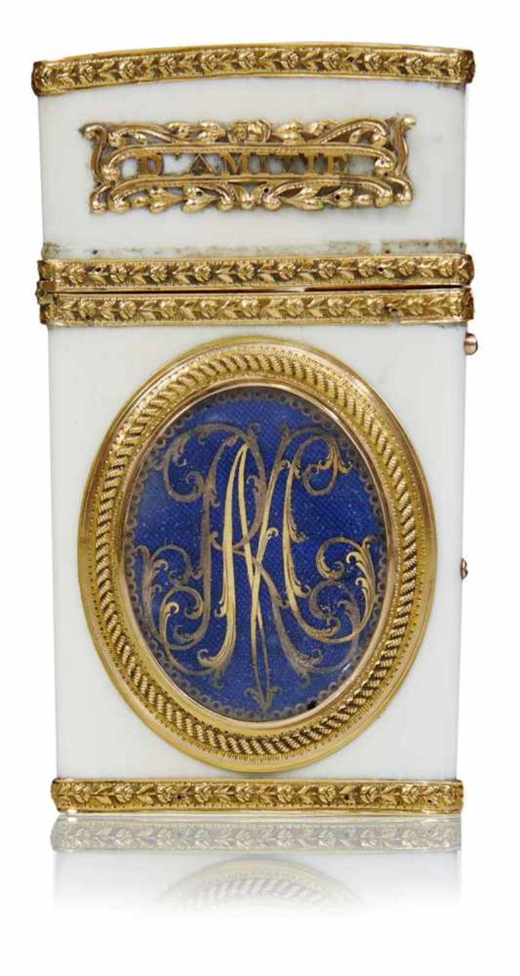 FINE GOLD MOUNTED IVORY CASE with a portrait miniature of a gentleman, gold monogram "RMC" on blue
