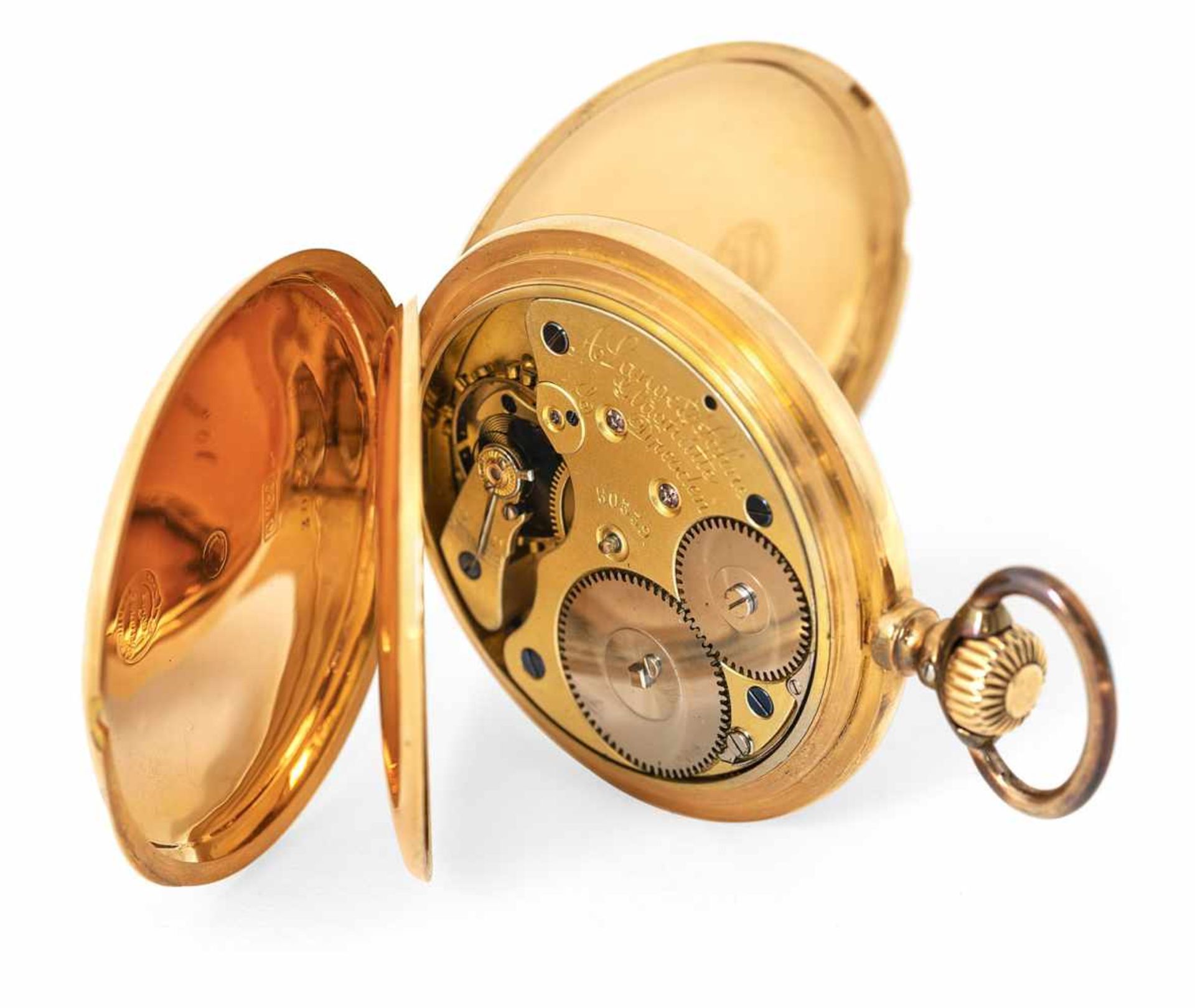A gold savonette hunter pocket watch, signed A. Lange & Söhne Glashütte B. Dresden 30539, c. 1890. - Image 2 of 4