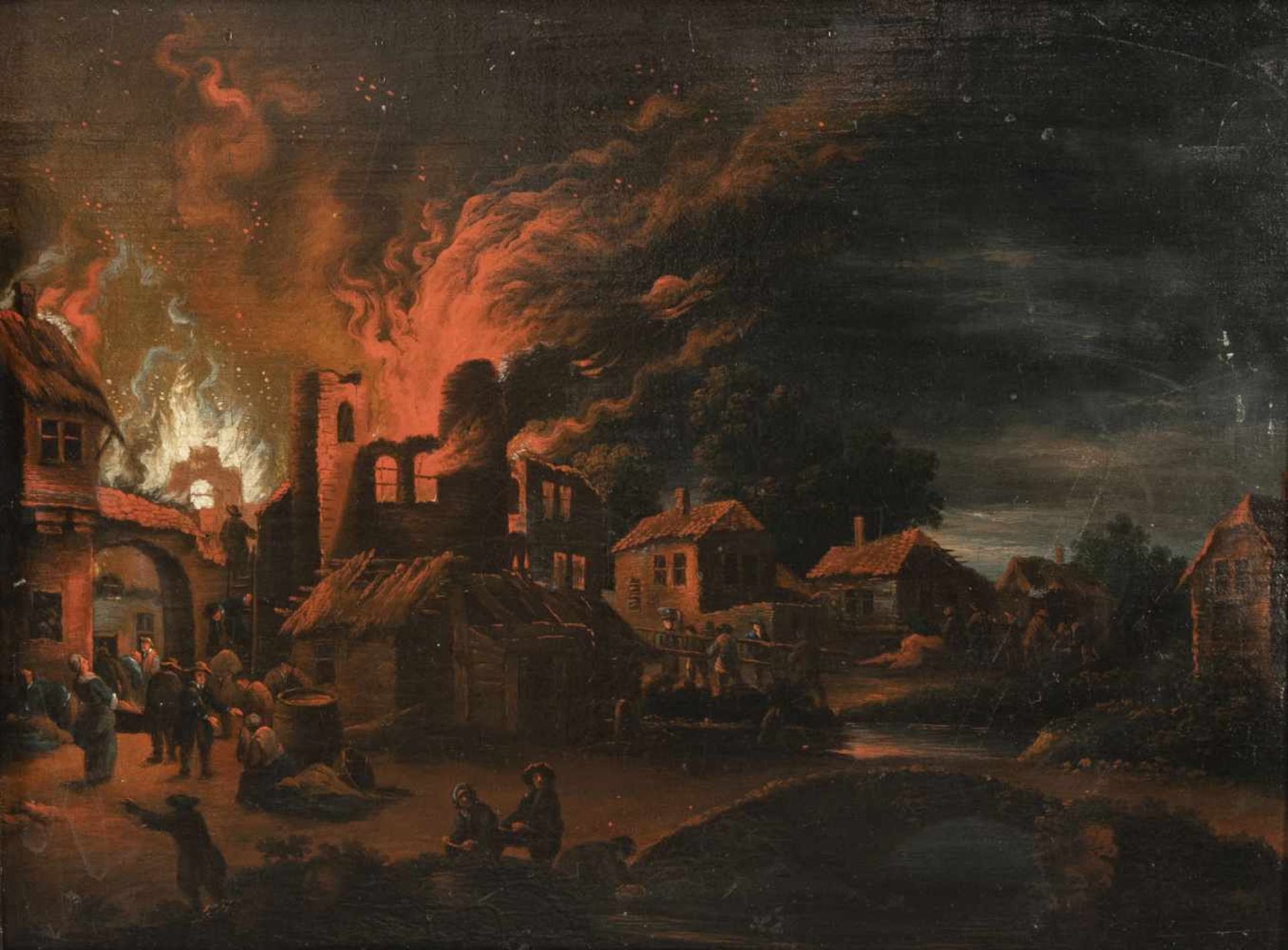 TRAUTMANN, JOHANN GEORG (1713-1769). Nightly conflagration in a small town. Oil/panel. With a