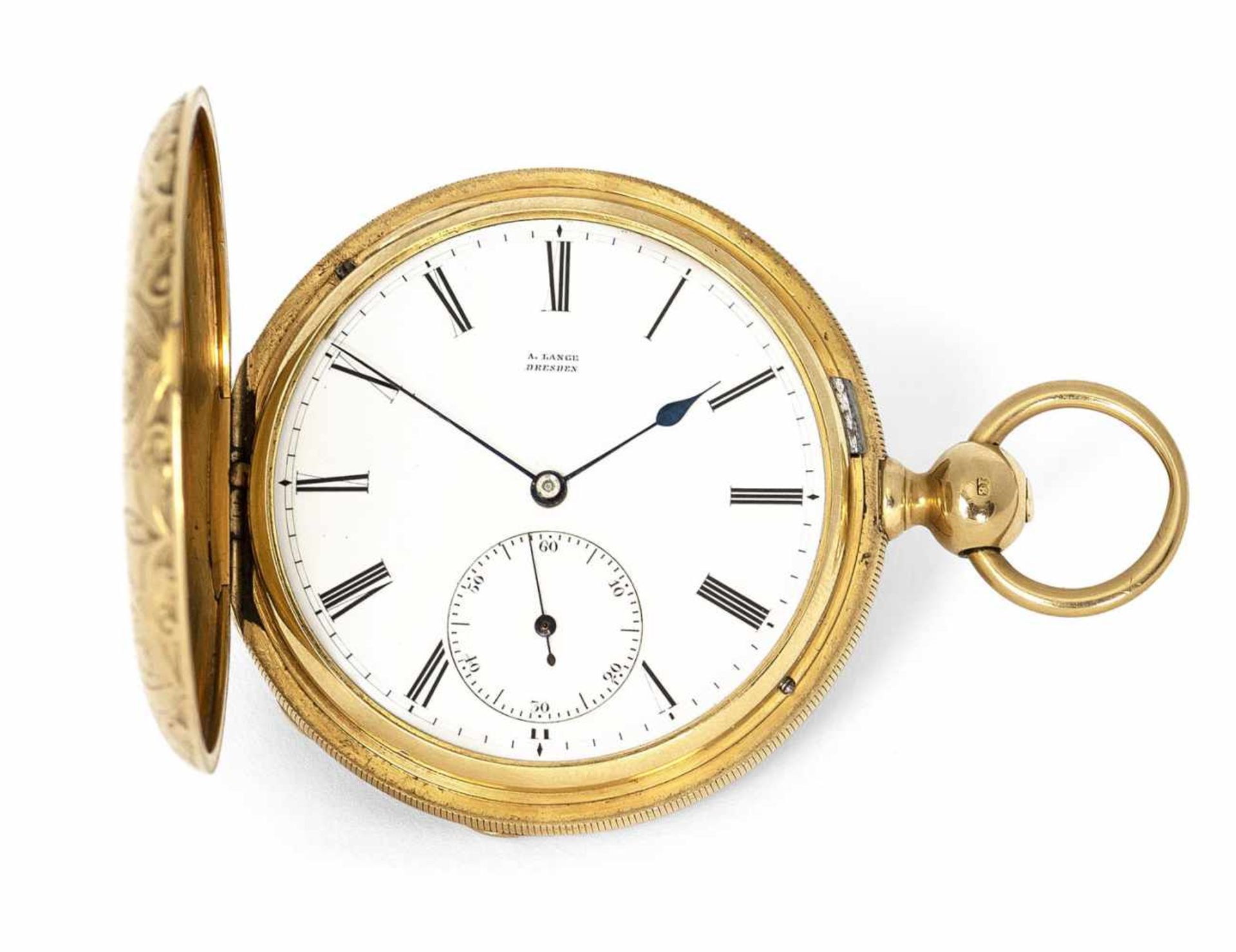 An 18ct. gold savonette hunter watch, signed Adolph Lange Dresden 4755, c. 1870. Fine engraved