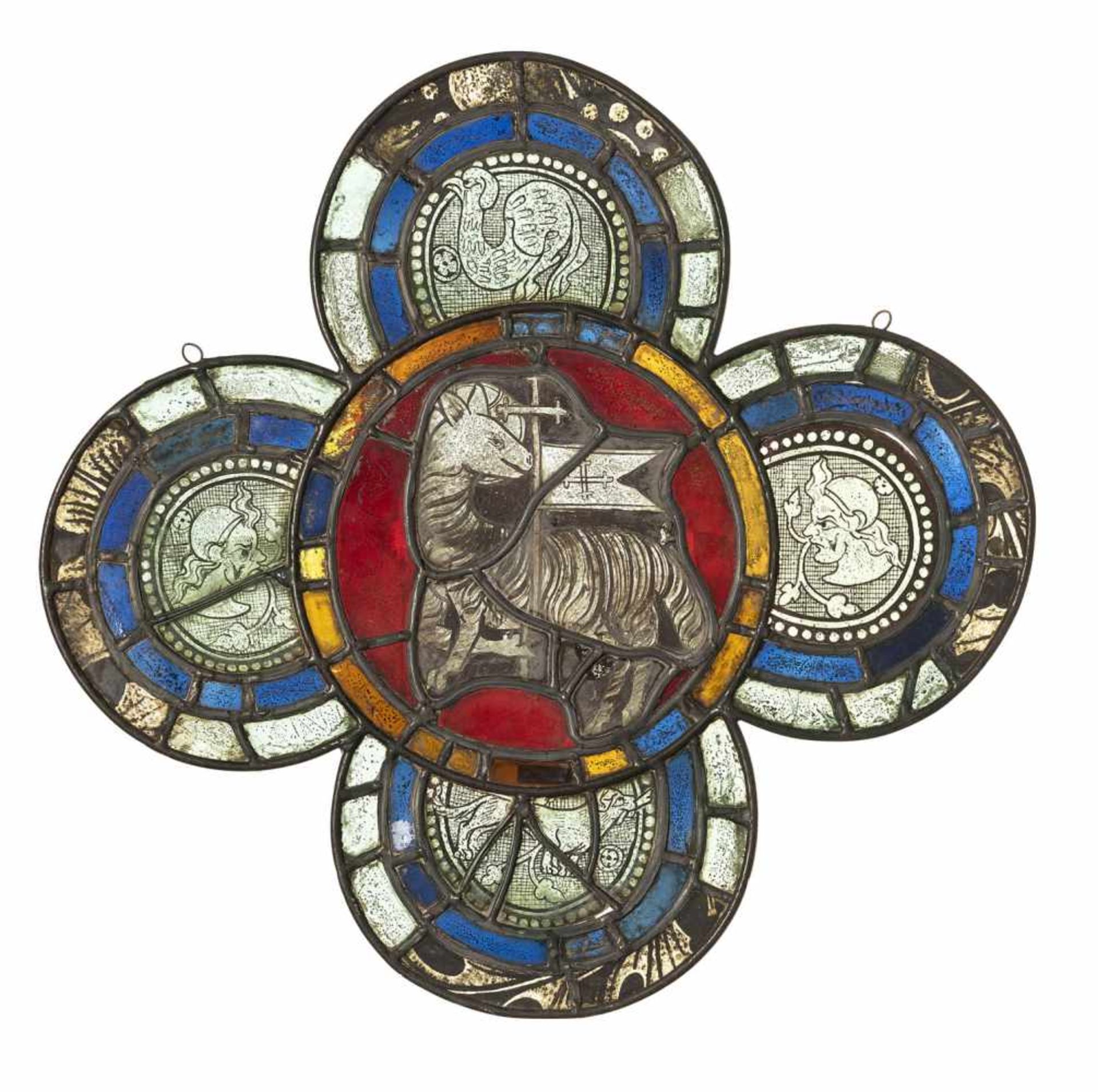 A PROBABLY FRENCH MEDIEVAL STAINED GLASS WINDOW WITH AGNUS DEI, c. 1400. Clear glass with black