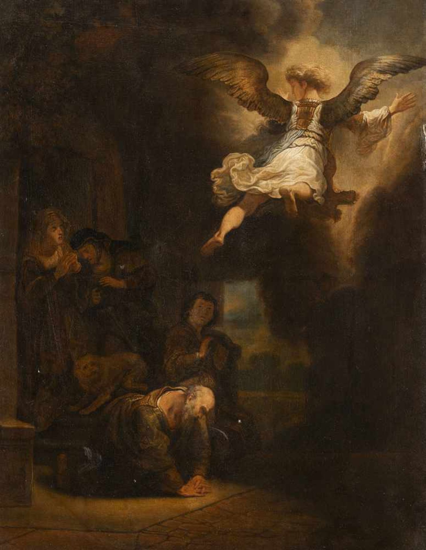 REMBRANDT, HARMENSZ. VAN RIJN (after, 1606-1669). Archangel Raphael leaves the house of Tobit and