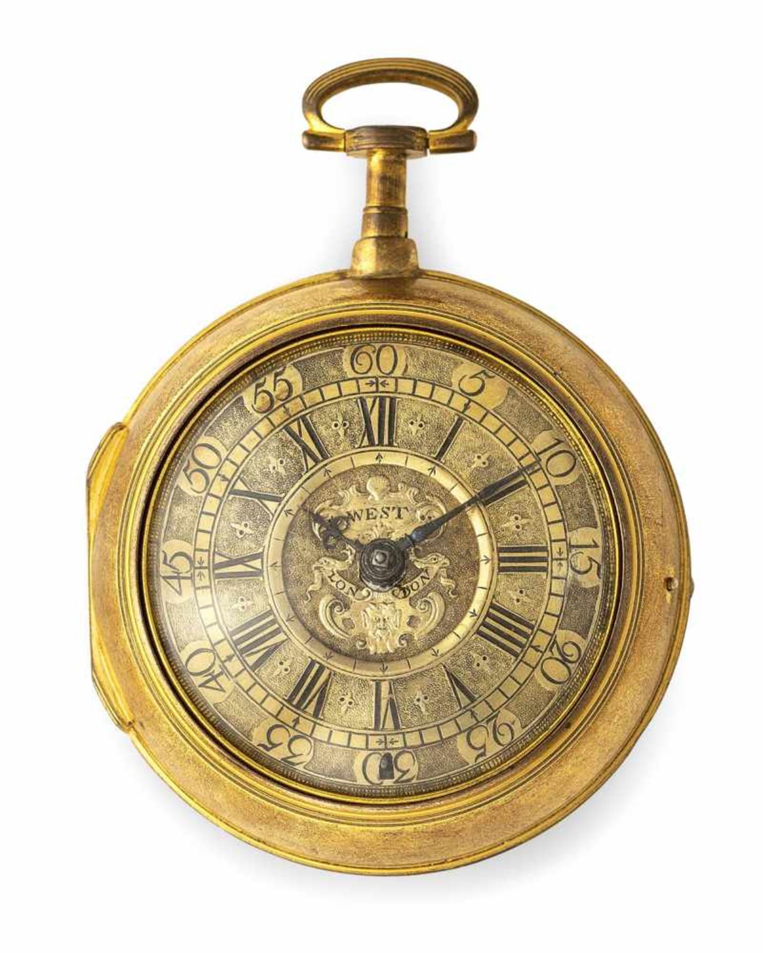 A large gilt pocket watch in a double case, signed Tho West London 913, c. 1700. Signed on