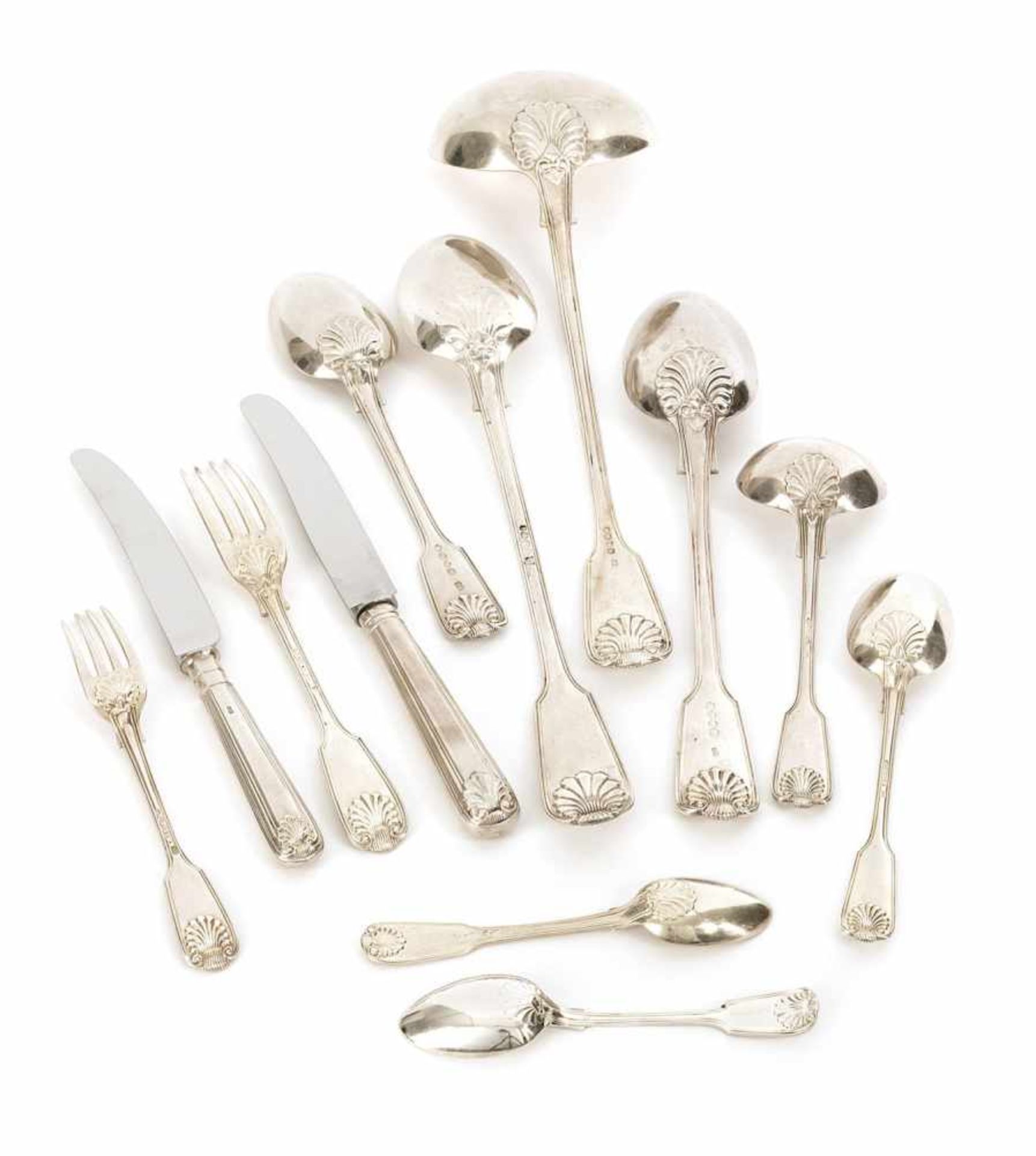 ENGLISH PALM LEAF PATTERN CUTLERY SERVICE FOR 12 PEOPLE, most pieces London, Victorian, middle of