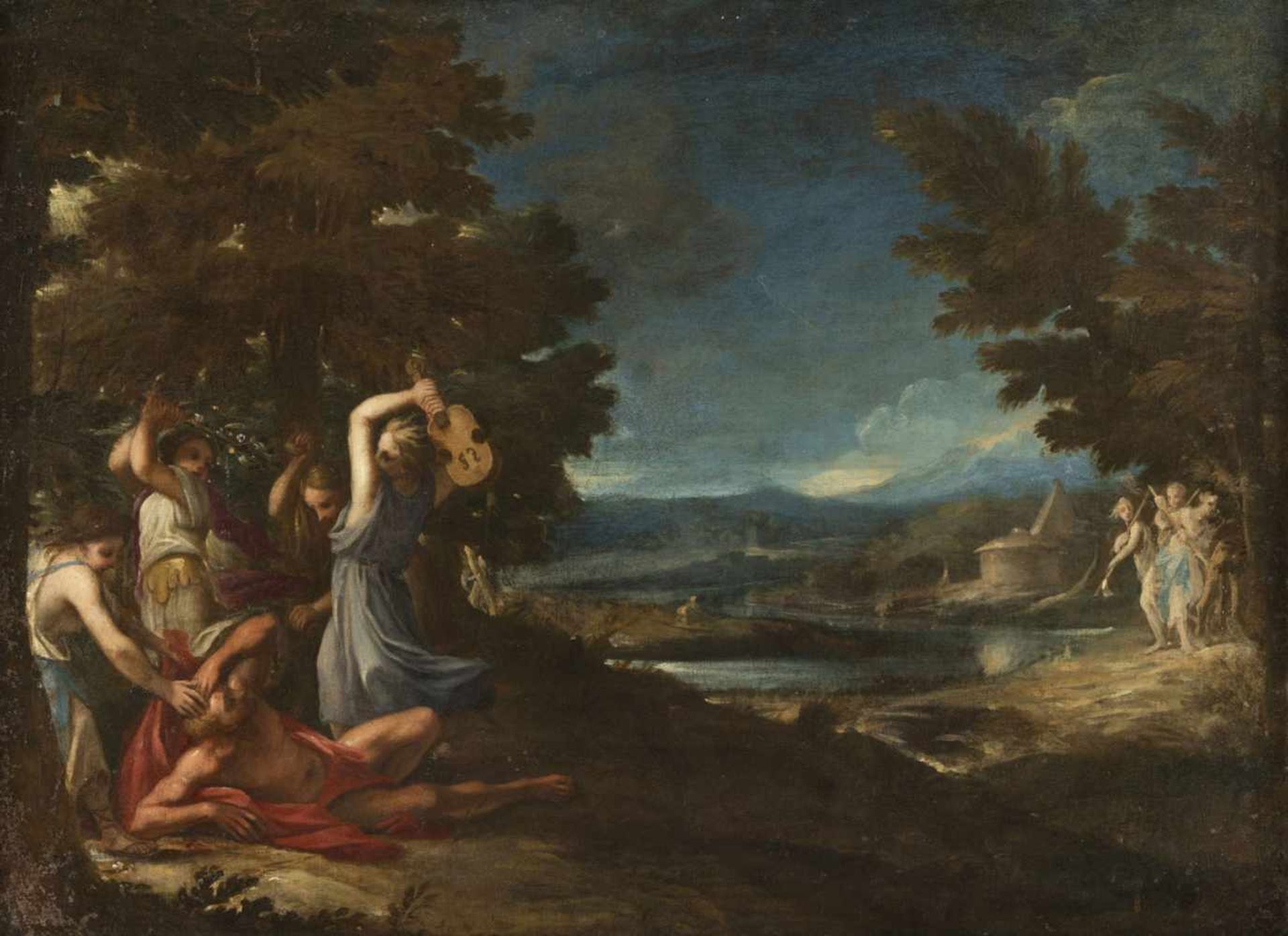 VIOLA, GIOVANNI BATTISTA (attr., 1576-1662). Arcadian landscape with Orpheus and the maenads. Oil/