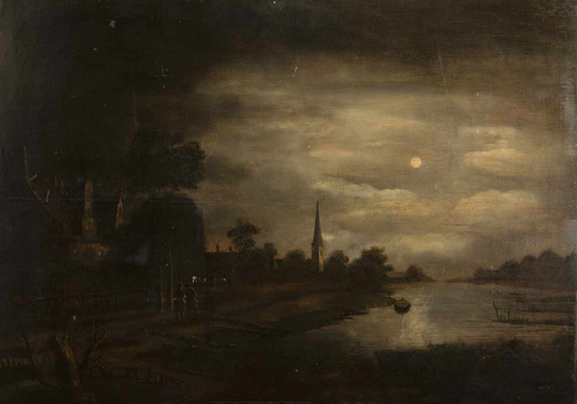 BORSSOM, ANTHONIE VAN (attr., c.1629-1677). Nightly canal landscape at moonlight. Oil/panel. Rest.