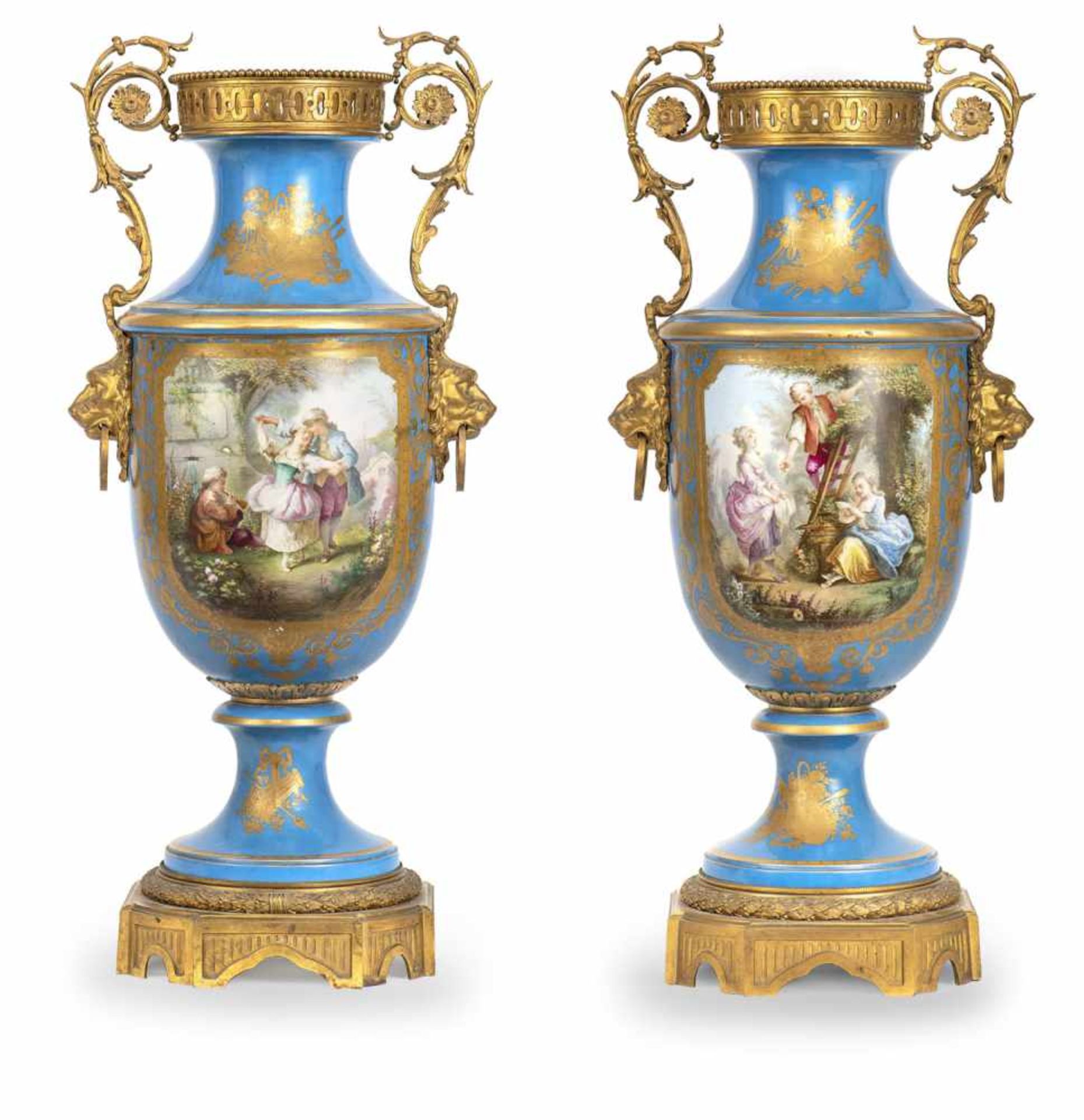 A PAIR OF BIG FRENCH/SEVRES BRONZE MOUNTED PORCELAIN VASES, middle of 19th century. Blue celeste - Image 2 of 2