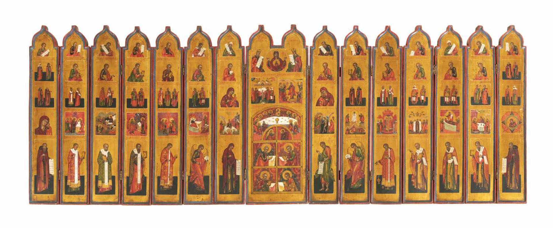 FOLDING ICONOSTASIS (Russia, late 19th ct.). Consisting of fifteen panels, the central panel one