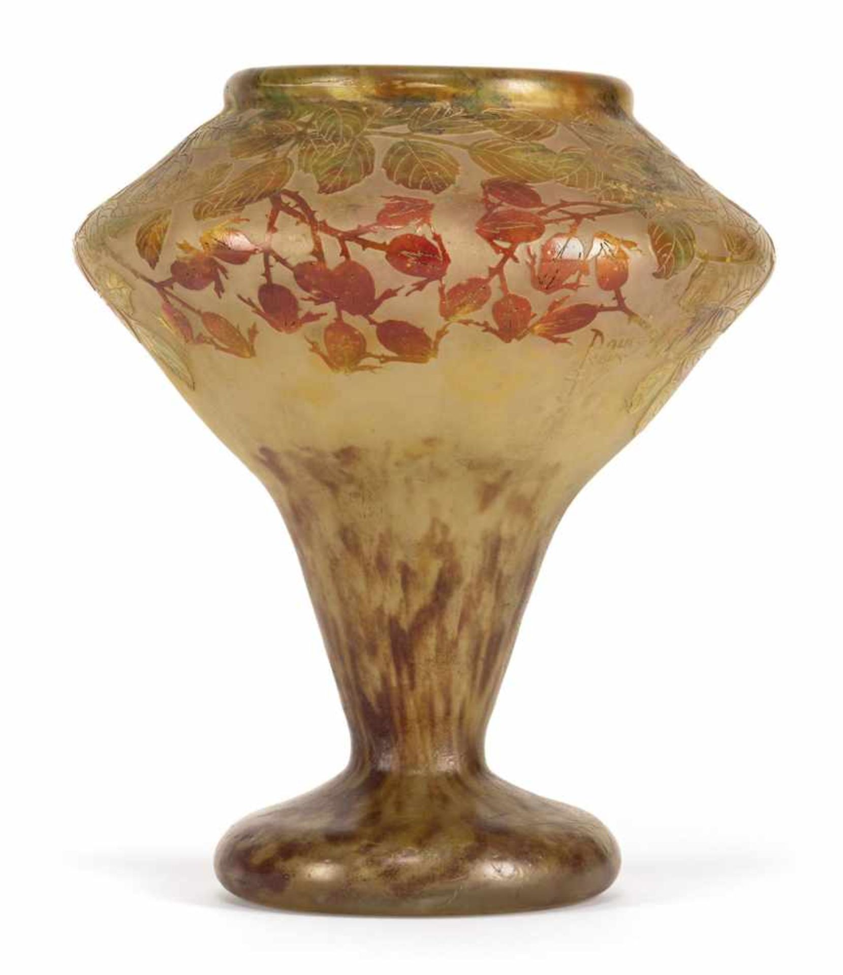 A DAUM NANCY GLASS VASE DEPICTING DOG ROSES; Nancy, c. 1910. Signed Daum, Nancy and Lorraine cross.