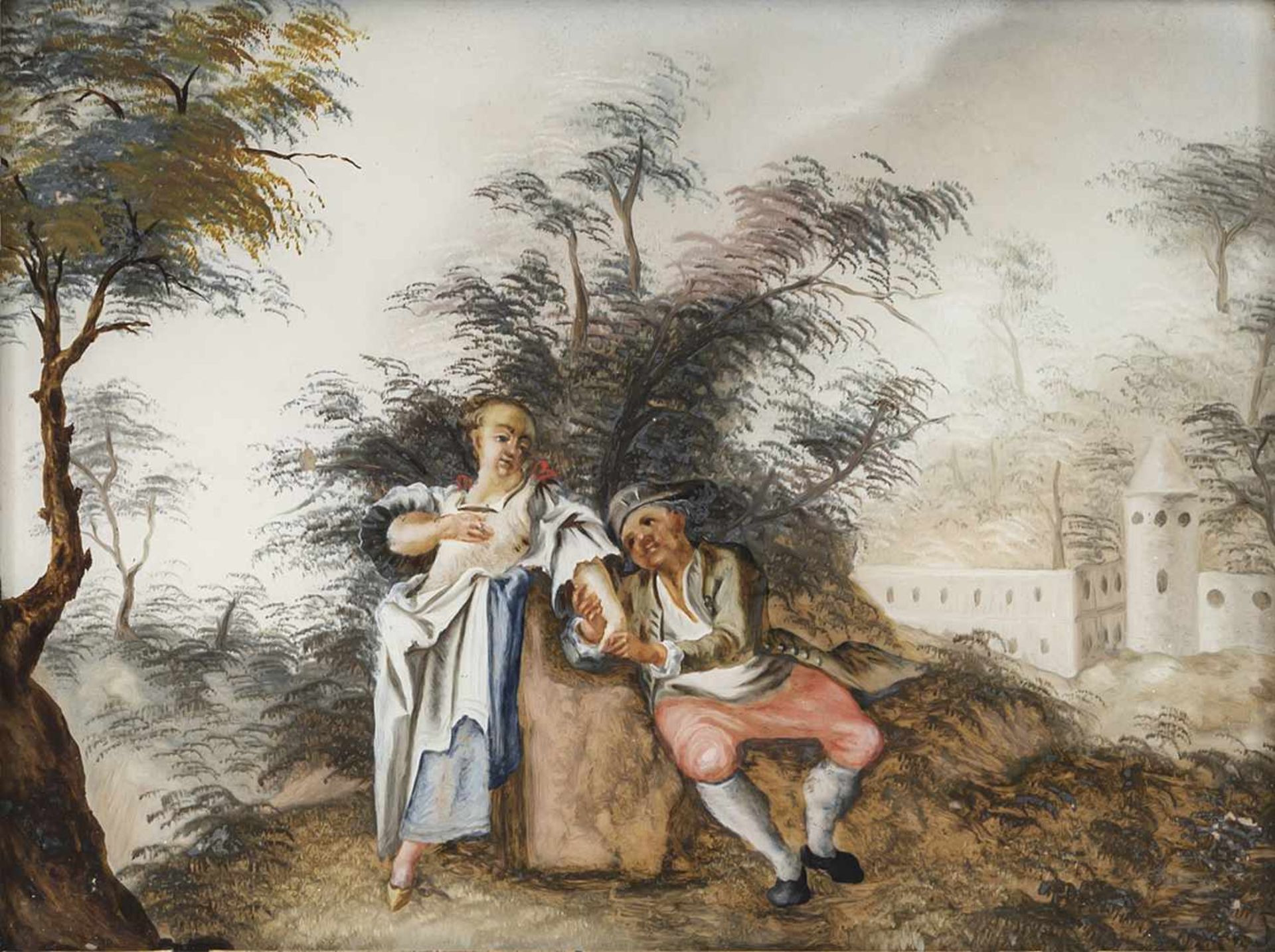 A GLASS PAINTING ON REVERSE depicting a peasant couple, Augsburg, middle of 18th century. Worn.