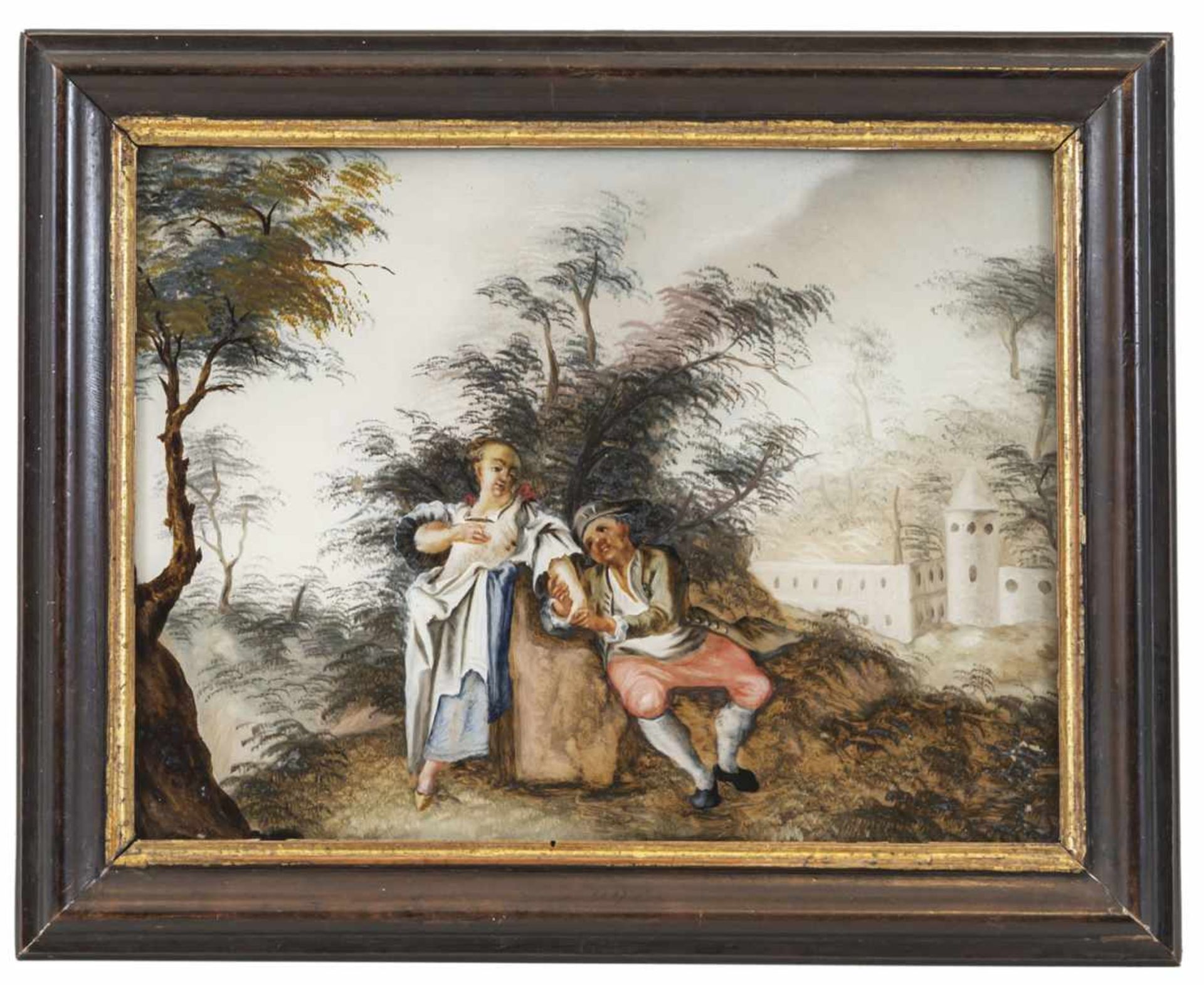 A GLASS PAINTING ON REVERSE depicting a peasant couple, Augsburg, middle of 18th century. Worn. - Bild 2 aus 2