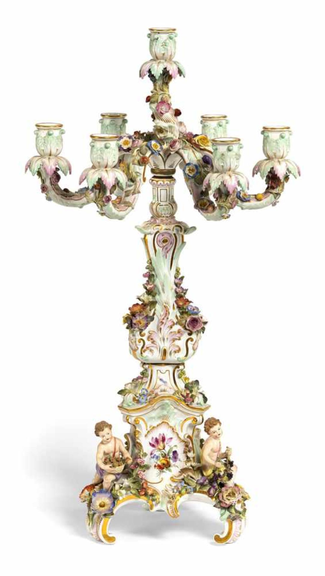 A MEISSEN SEVEN LIGHT PORCELAIN CANDELABRA, c. 1870/80. Model by Leuteritz. Floral appliqué, three