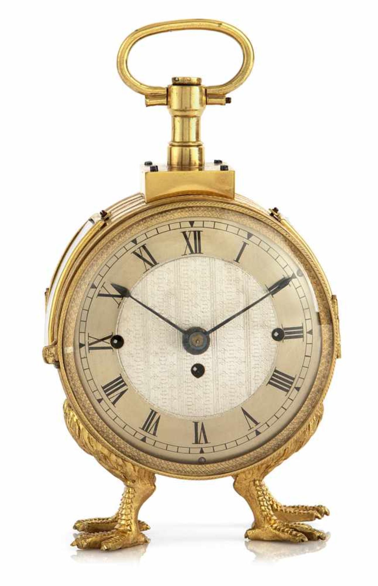 A fine ormolu carriage clock, Vienna, c. 1830. Round glazed case on claw feet. Silvered dial with