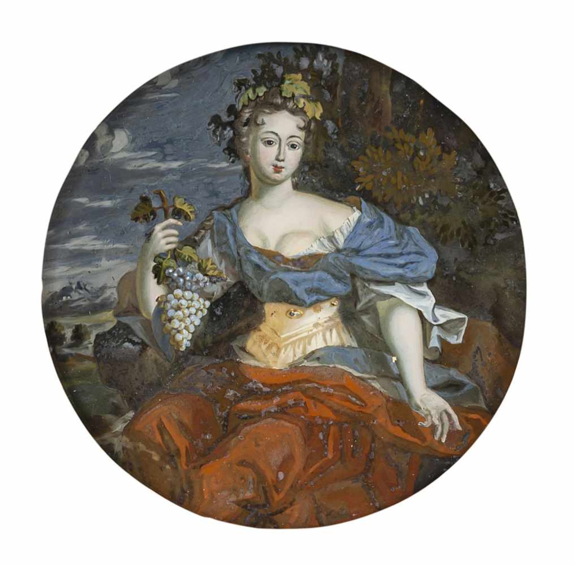 A GLASS PAINTING ON REVERSE, Switzerland, 18th century. Allegory of Autumn. Minor wear.