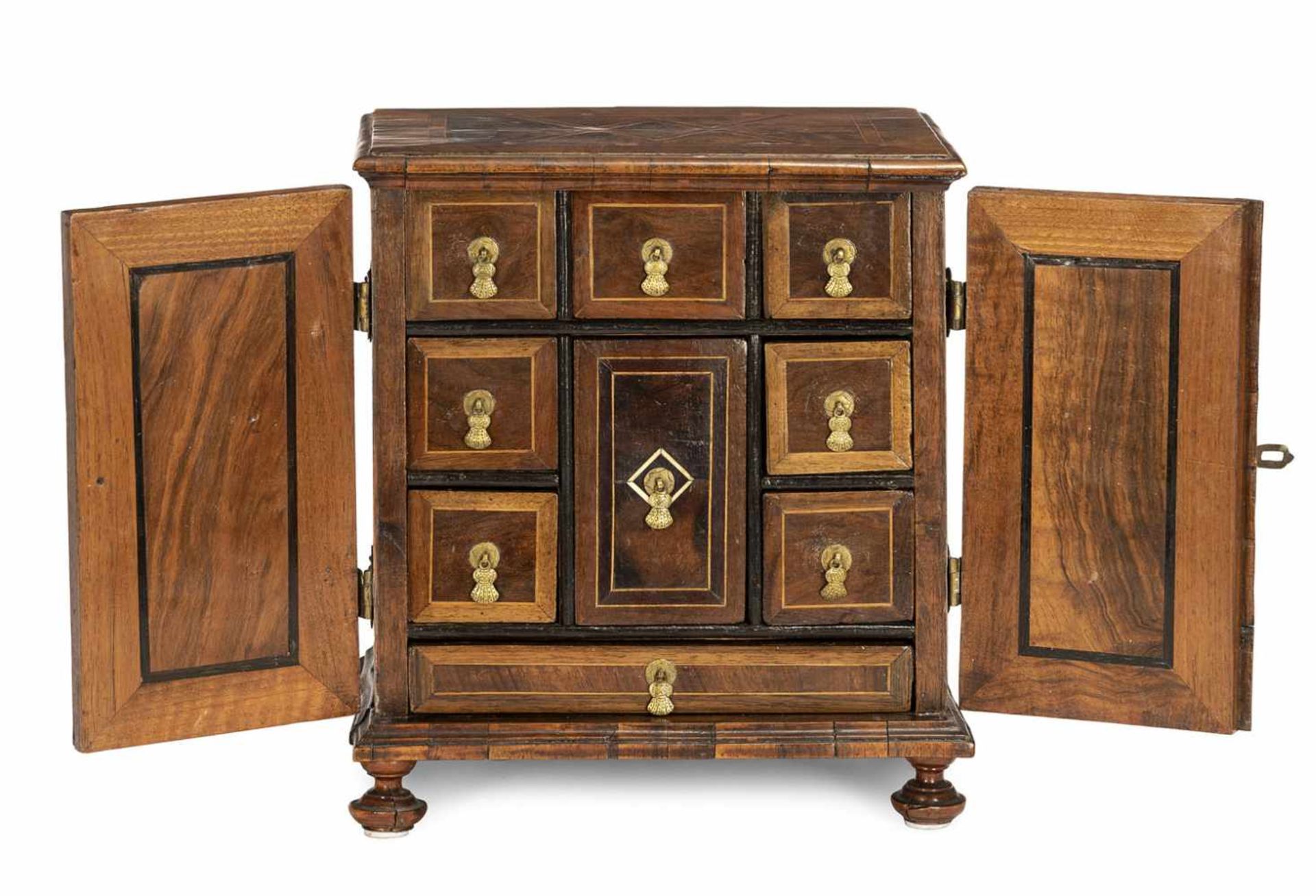 A Baroque brass mounted walnut and plum cabinet, Germany, 18th ct. Rest. Signs of aging. - Bild 3 aus 4