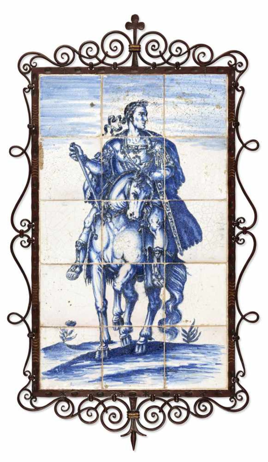 JULIUS CEASAR ON HORSEBACK. Netherlands, 19th century. Blue painted fayence tiles, framed in wrought