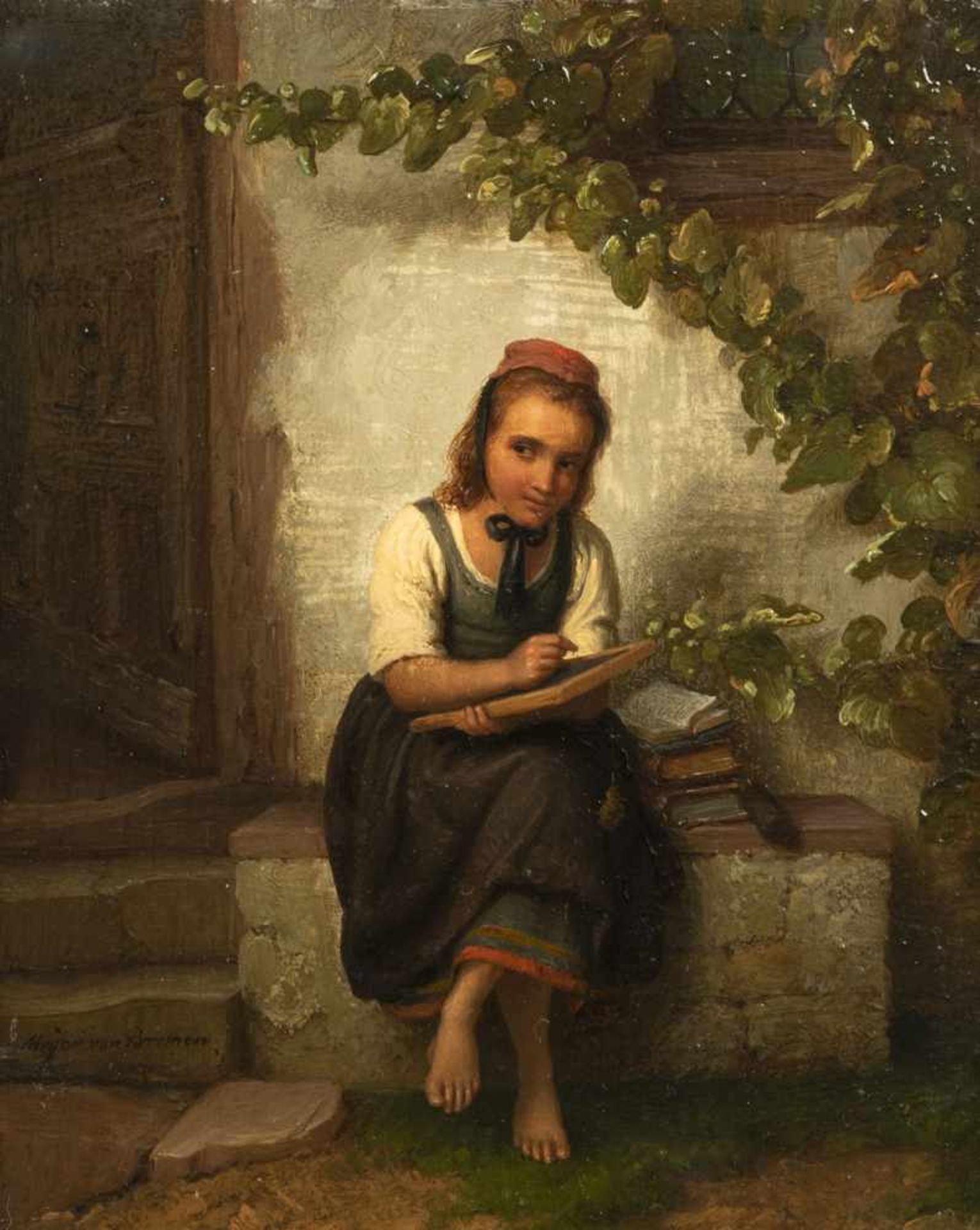 MEYER VON BREMEN, JOHANN GEORG (1813-1886). A seating peasant girl with a blackboard at a house