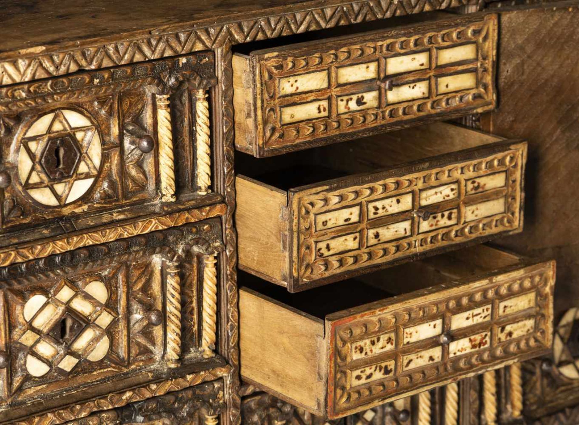A Renaissance iron mounted, bone inlaid walnut cabinet, Spain, c. 1600. Rest. Add. Minor damages. - Bild 3 aus 7