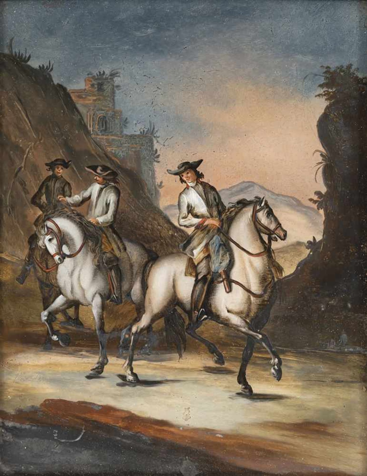 A GLASS PAINTING ON REVERSE depicting three horseman in a valley, probably Augsburg, c. 1760/70.